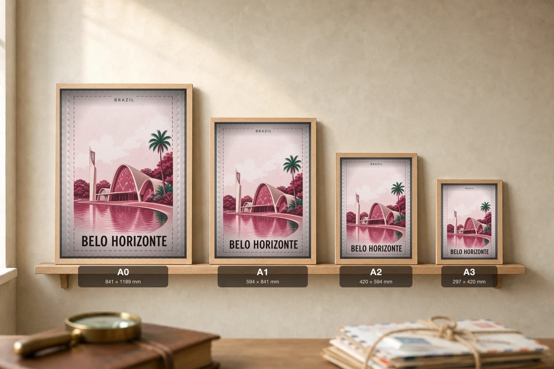 Belo Horizonte City Stamp Poster — Brazil travel wall art · illustrated stamp print · framed A2 — print size guide showing the artwork at A0, A1, A2 and A3 in natural-oak frames at true relative scale