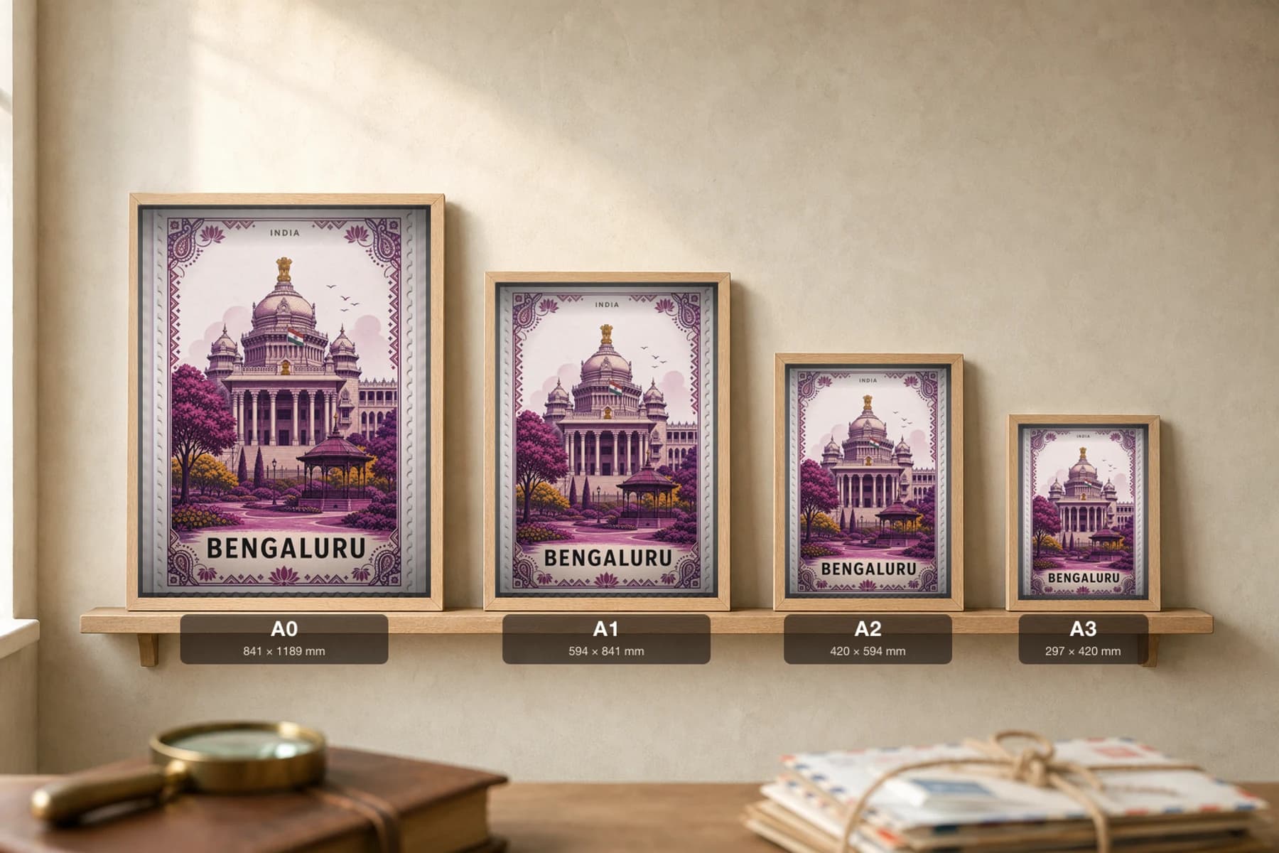 Bengaluru City Stamp Poster — India travel wall art · illustrated stamp print · framed A2 — print size guide showing the artwork at A0, A1, A2 and A3 in natural-oak frames at true relative scale