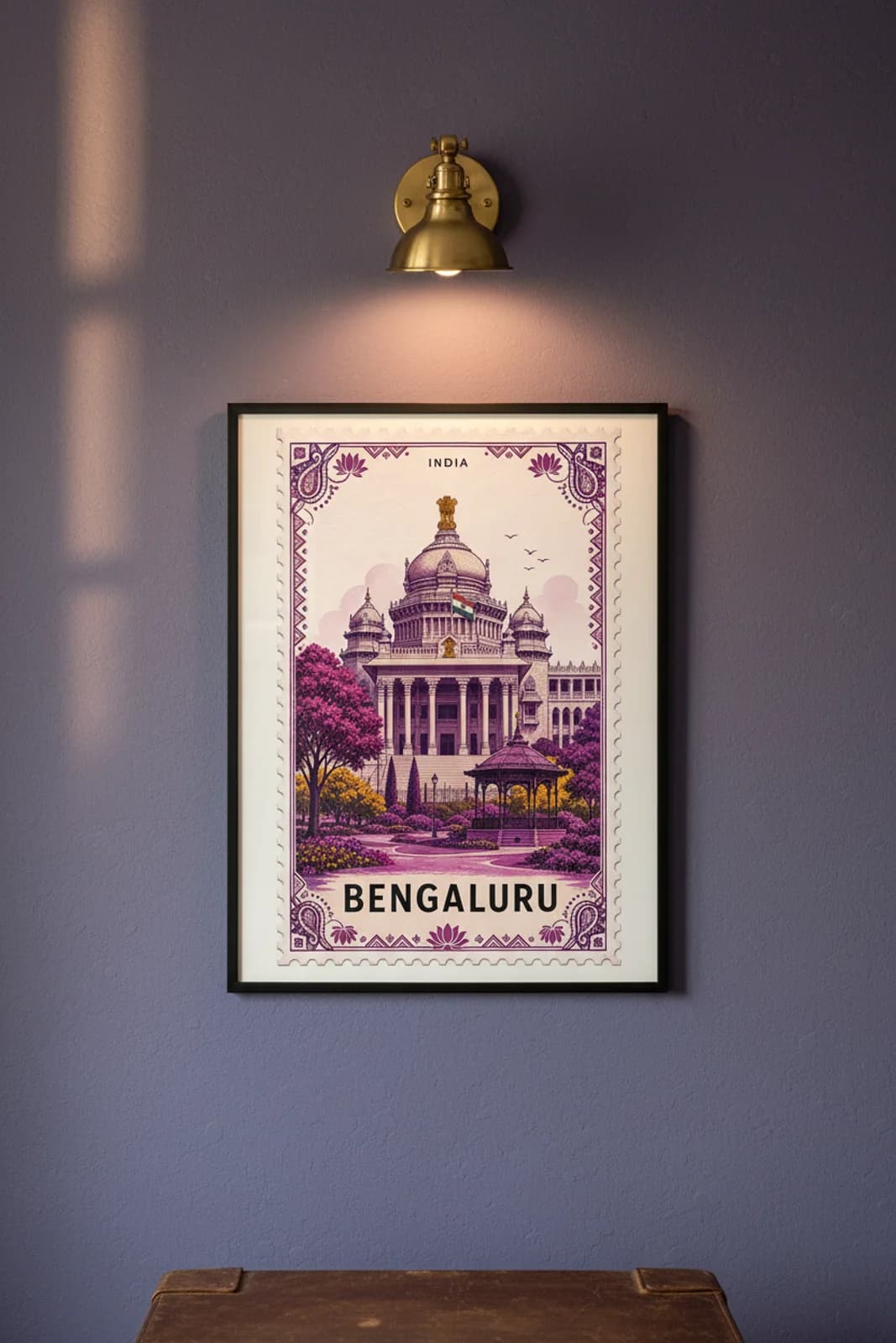Bengaluru city stamp print in black A2 frame on wcs-asia-4861 postage-indigo wall — City Stamps mockup