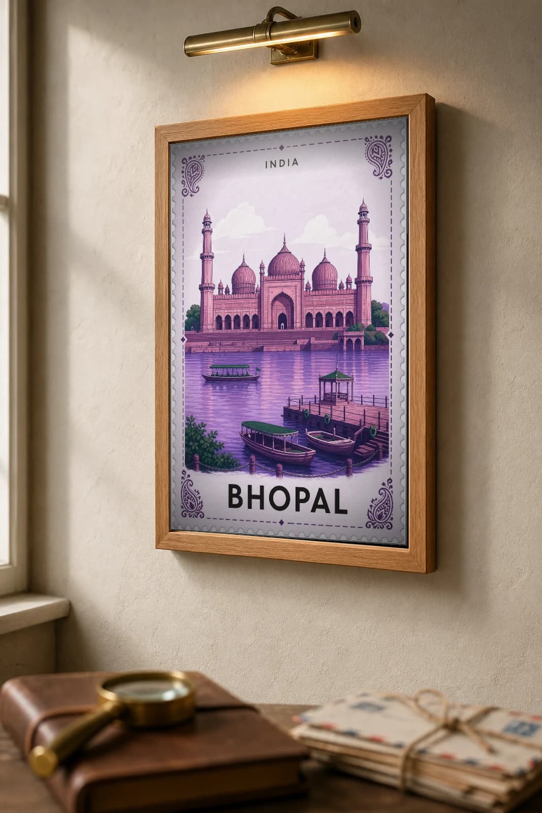 Bhopal City Stamp Poster — India travel wall art · illustrated stamp print · framed A2 — the framed print shown at a three-quarter angle on a styled gallery wall in a natural-oak frame