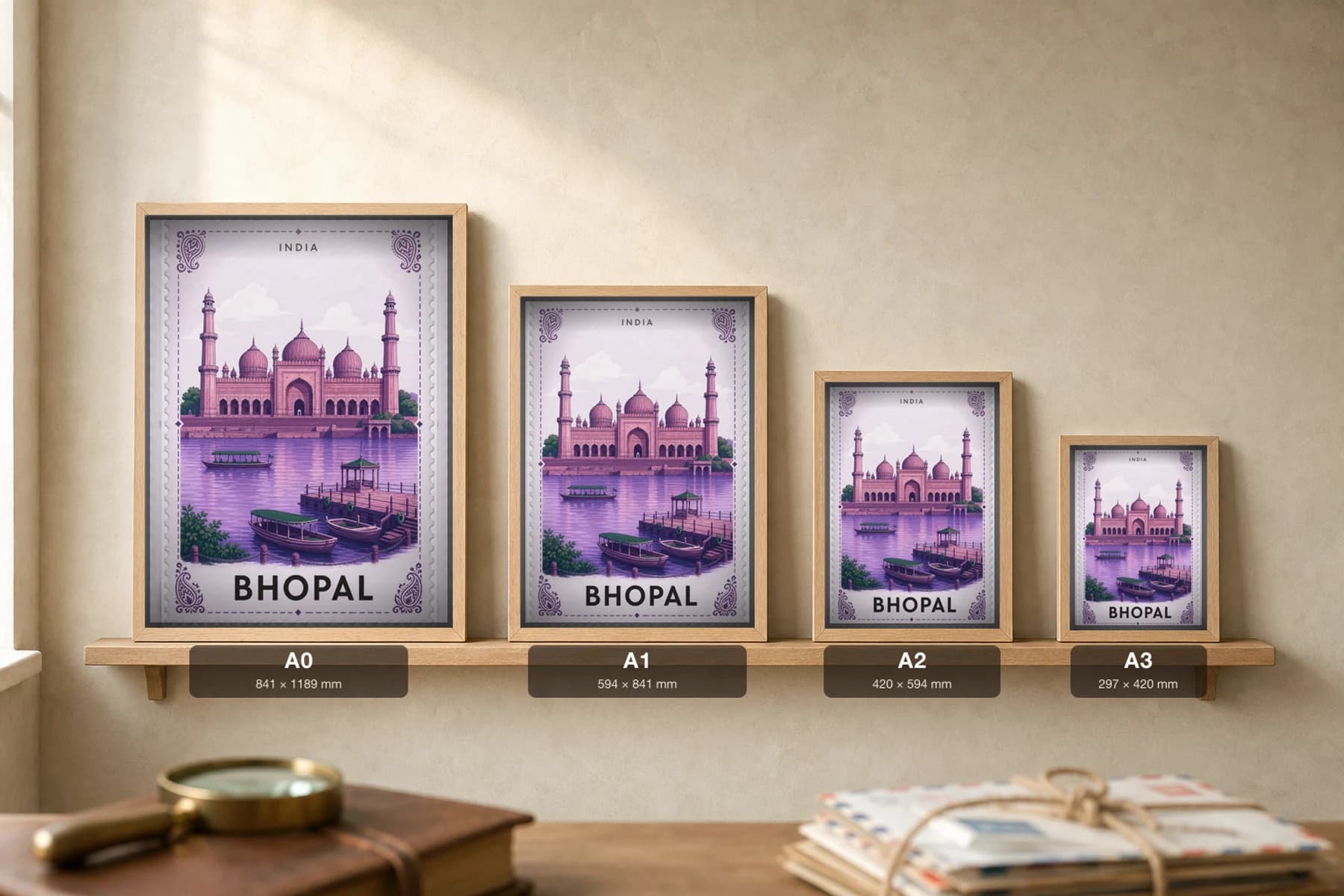 Bhopal City Stamp Poster — India travel wall art · illustrated stamp print · framed A2 — print size guide showing the artwork at A0, A1, A2 and A3 in natural-oak frames at true relative scale