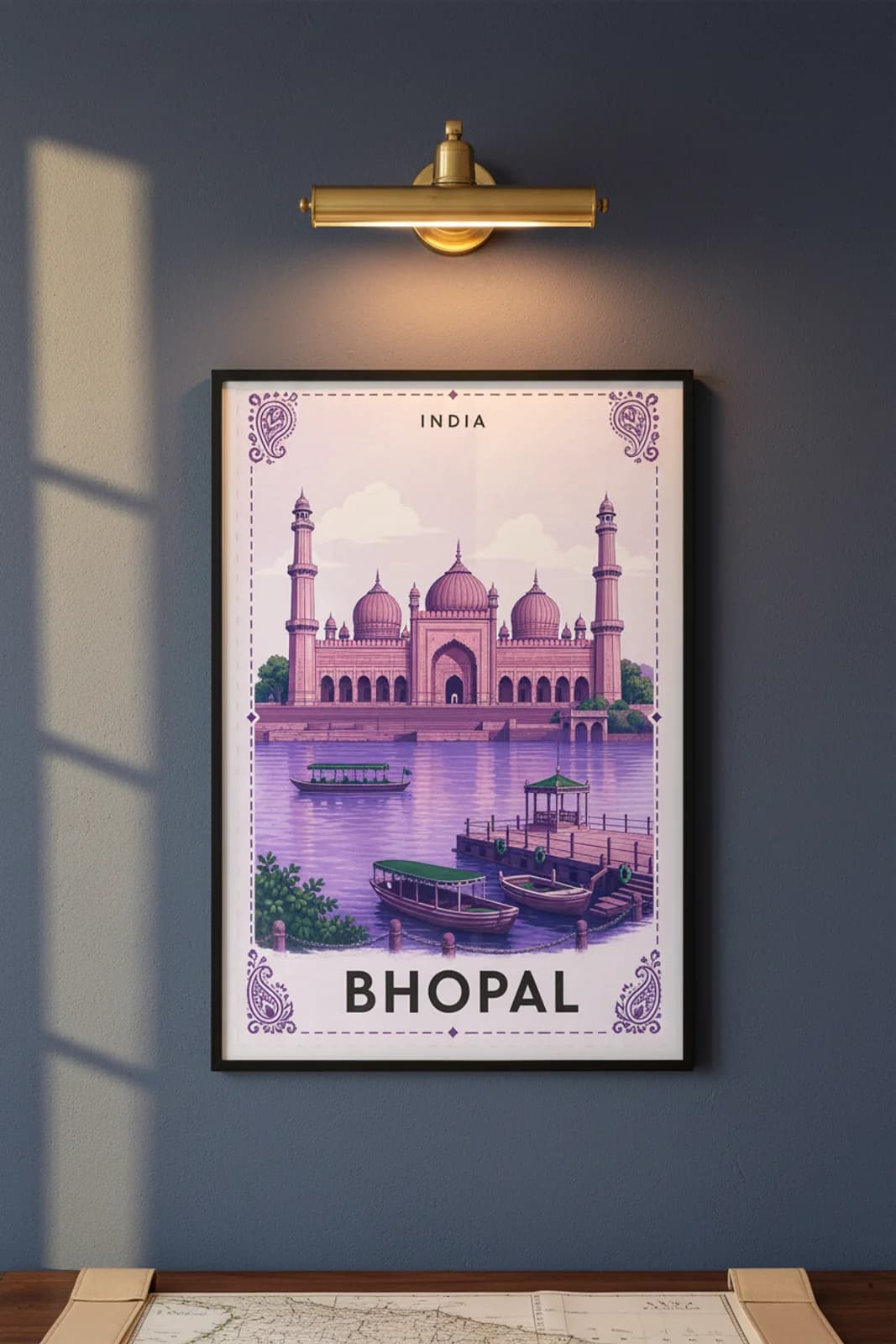 Bhopal city stamp print in black A2 frame on wcs-asia-8712 postage-indigo wall — City Stamps mockup