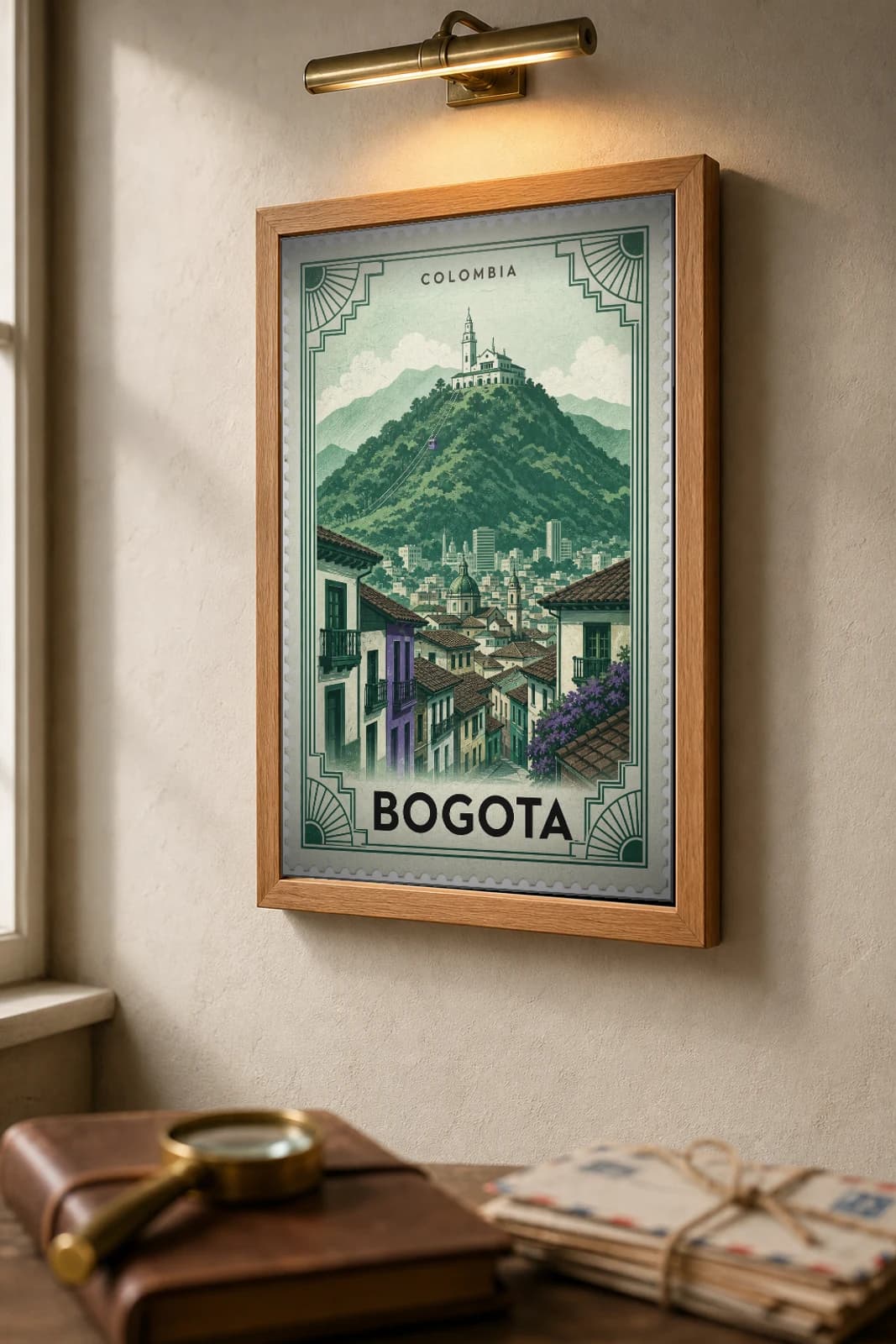 Bogota City Stamp Poster — Colombia travel wall art · illustrated stamp print · framed A2 — the framed print shown at a three-quarter angle on a styled gallery wall in a natural-oak frame