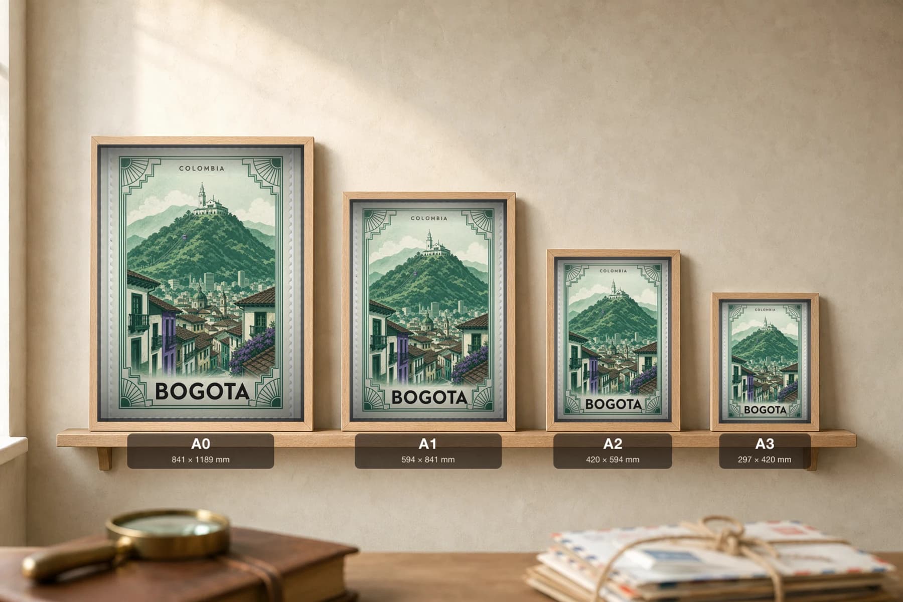 Bogota City Stamp Poster — Colombia travel wall art · illustrated stamp print · framed A2 — print size guide showing the artwork at A0, A1, A2 and A3 in natural-oak frames at true relative scale