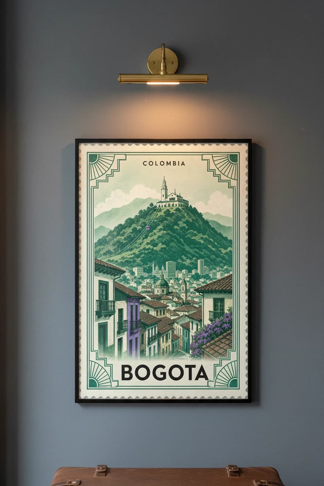 Bogota city stamp print in black A2 frame on wcs-americas-3732 postage-indigo wall — City Stamps mockup