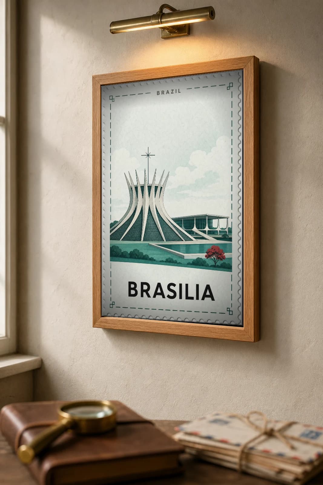 Brasilia City Stamp Poster — Brazil travel wall art · illustrated stamp print · framed A2 — the framed print shown at a three-quarter angle on a styled gallery wall in a natural-oak frame