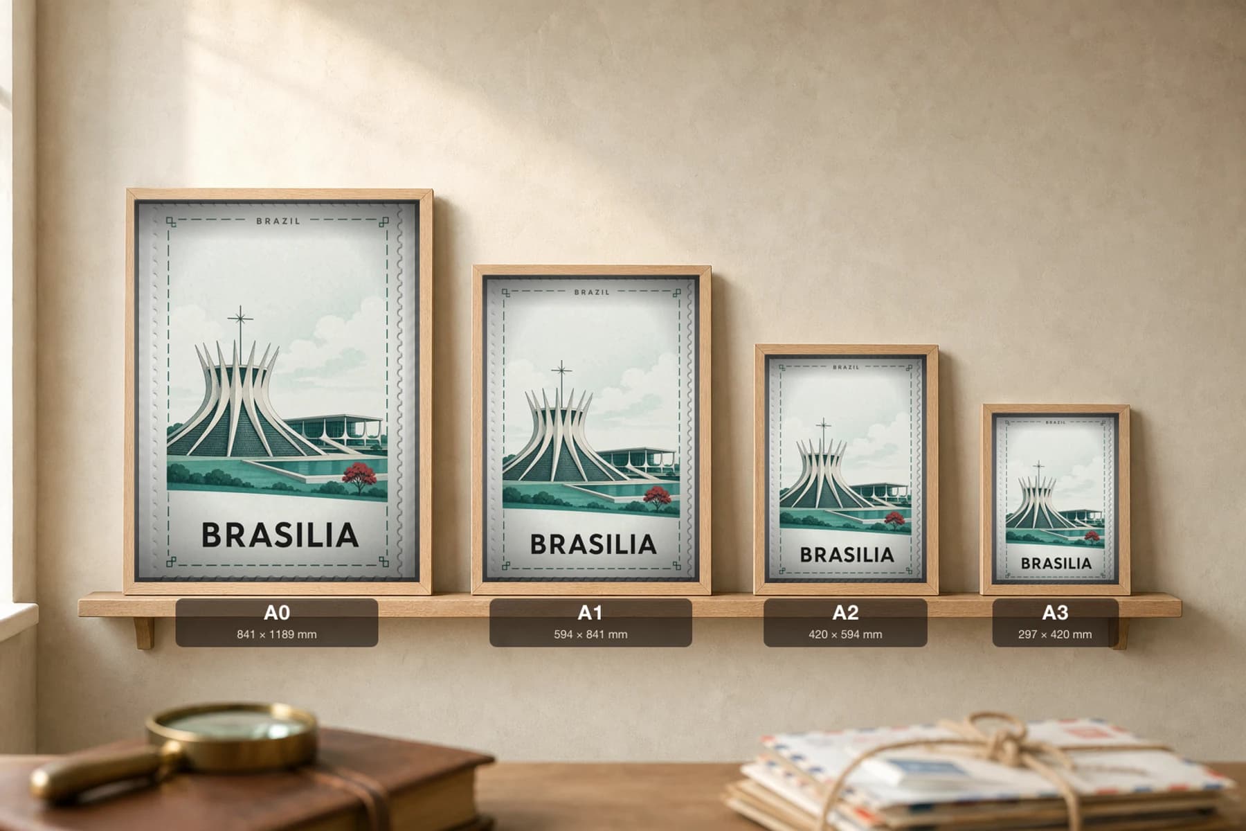 Brasilia City Stamp Poster — Brazil travel wall art · illustrated stamp print · framed A2 — print size guide showing the artwork at A0, A1, A2 and A3 in natural-oak frames at true relative scale