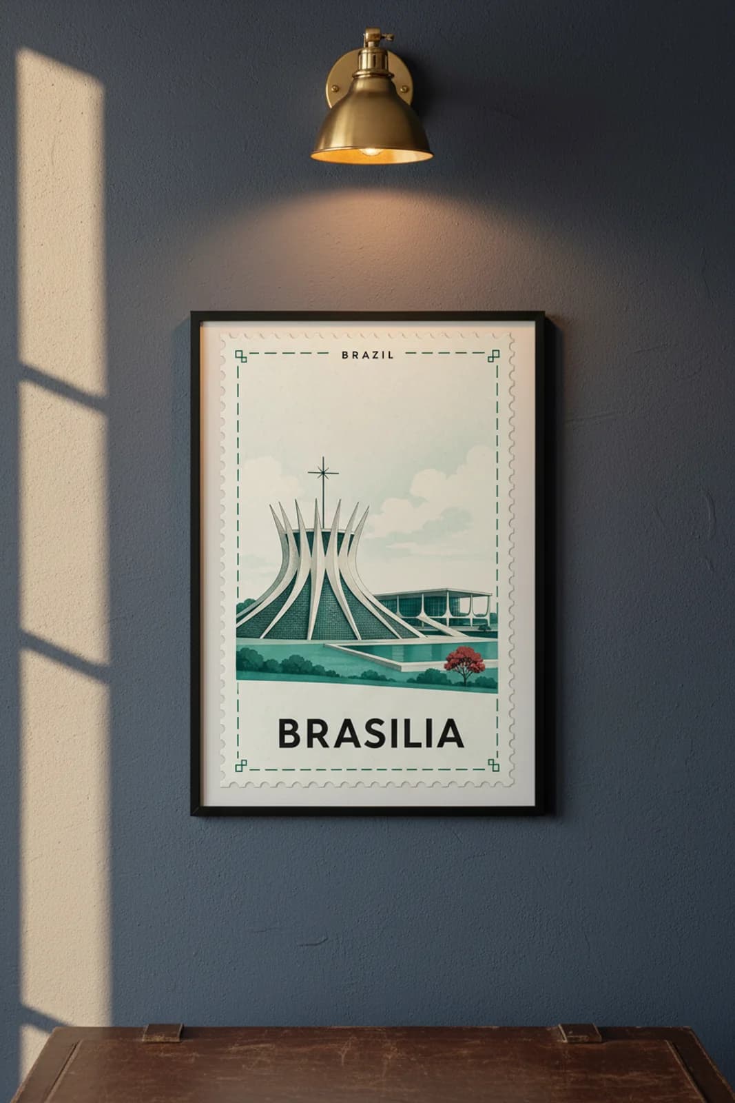 Brasilia city stamp print in black A2 frame on wcs-americas-8879 postage-indigo wall — City Stamps mockup