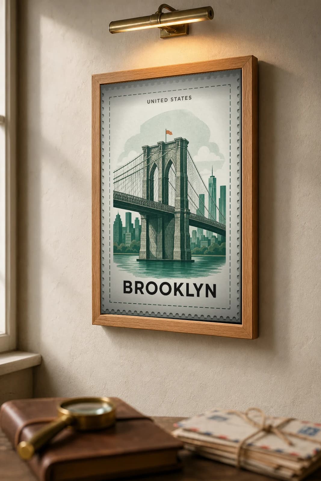 Brooklyn City Stamp Poster — United States travel wall art · illustrated stamp print · framed A2 — the framed print shown at a three-quarter angle on a styled gallery wall in a natural-oak frame
