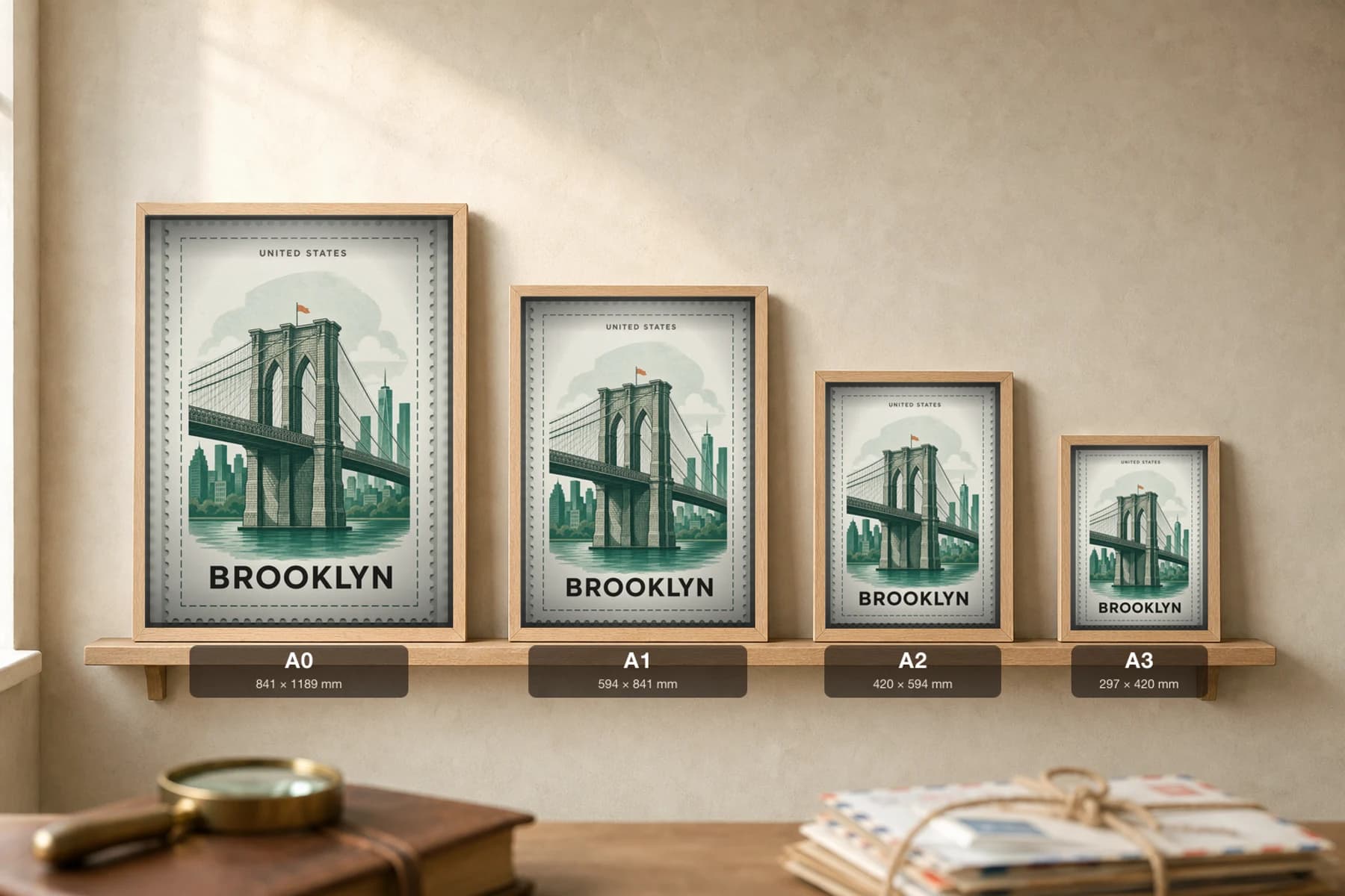 Brooklyn City Stamp Poster — United States travel wall art · illustrated stamp print · framed A2 — print size guide showing the artwork at A0, A1, A2 and A3 in natural-oak frames at true relative scale