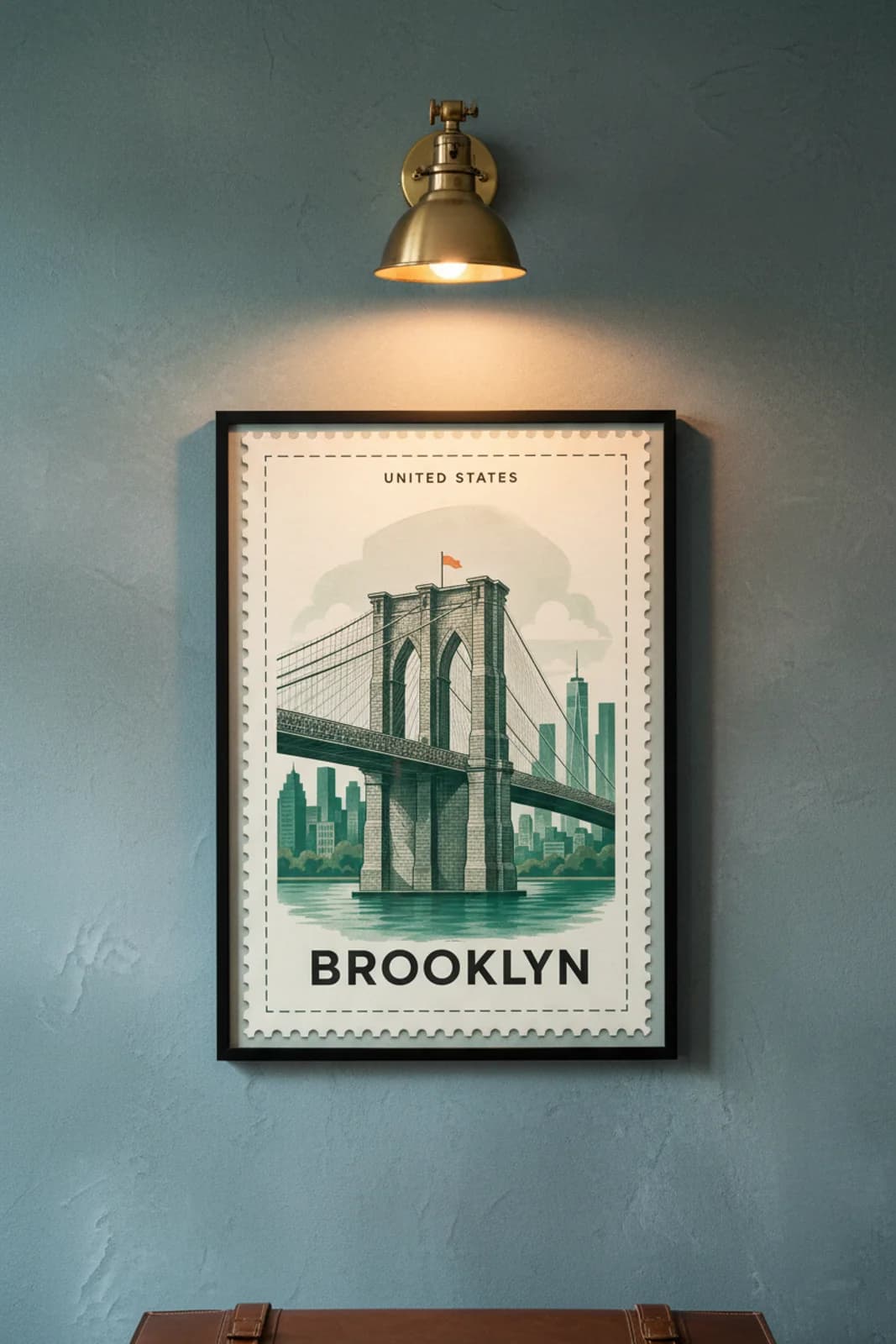 Brooklyn city stamp print in black A2 frame on wcs-americas-9098 postage-indigo wall — City Stamps mockup