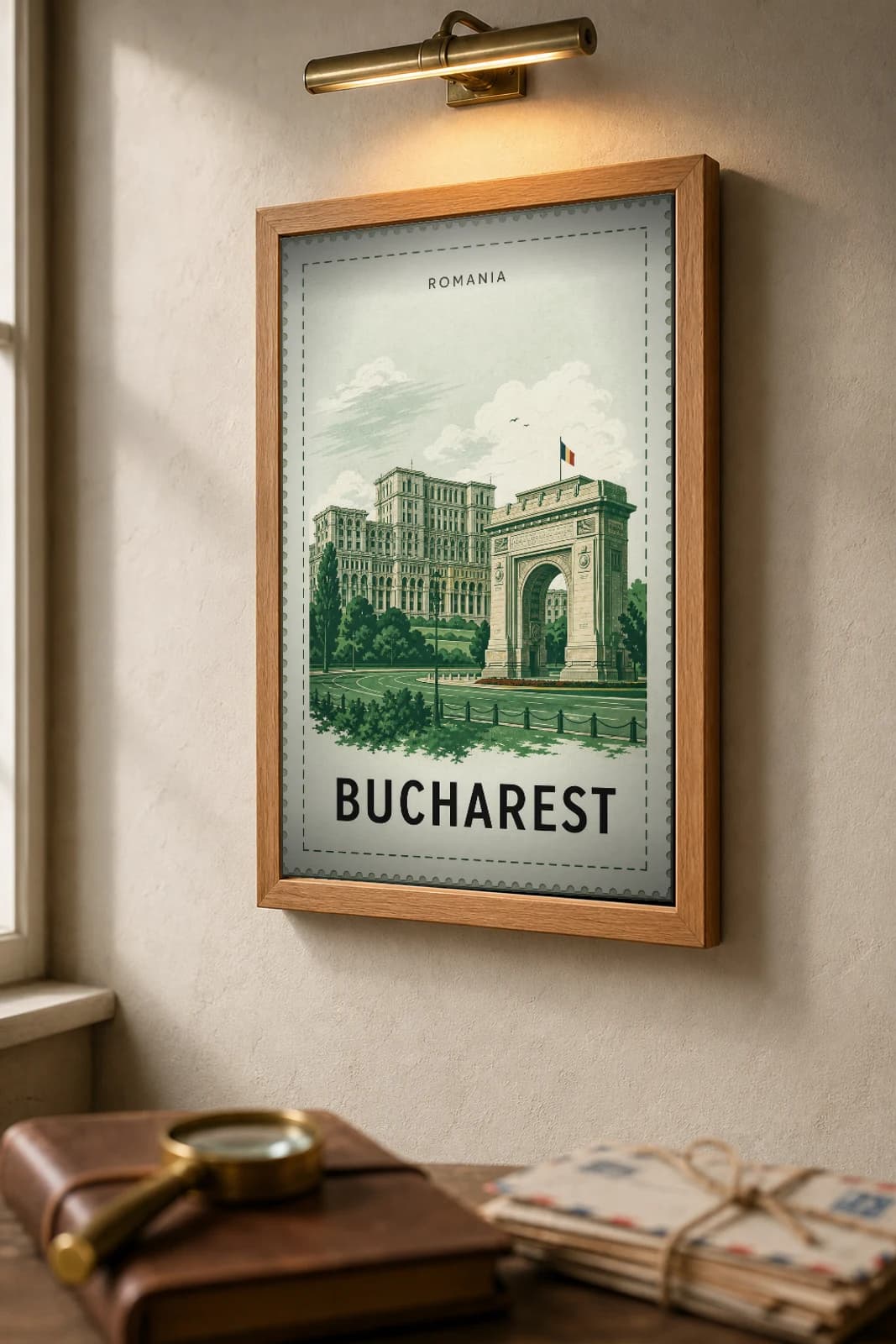 Bucharest City Stamp Poster — Romania travel wall art · illustrated stamp print · framed A2 — the framed print shown at a three-quarter angle on a styled gallery wall in a natural-oak frame