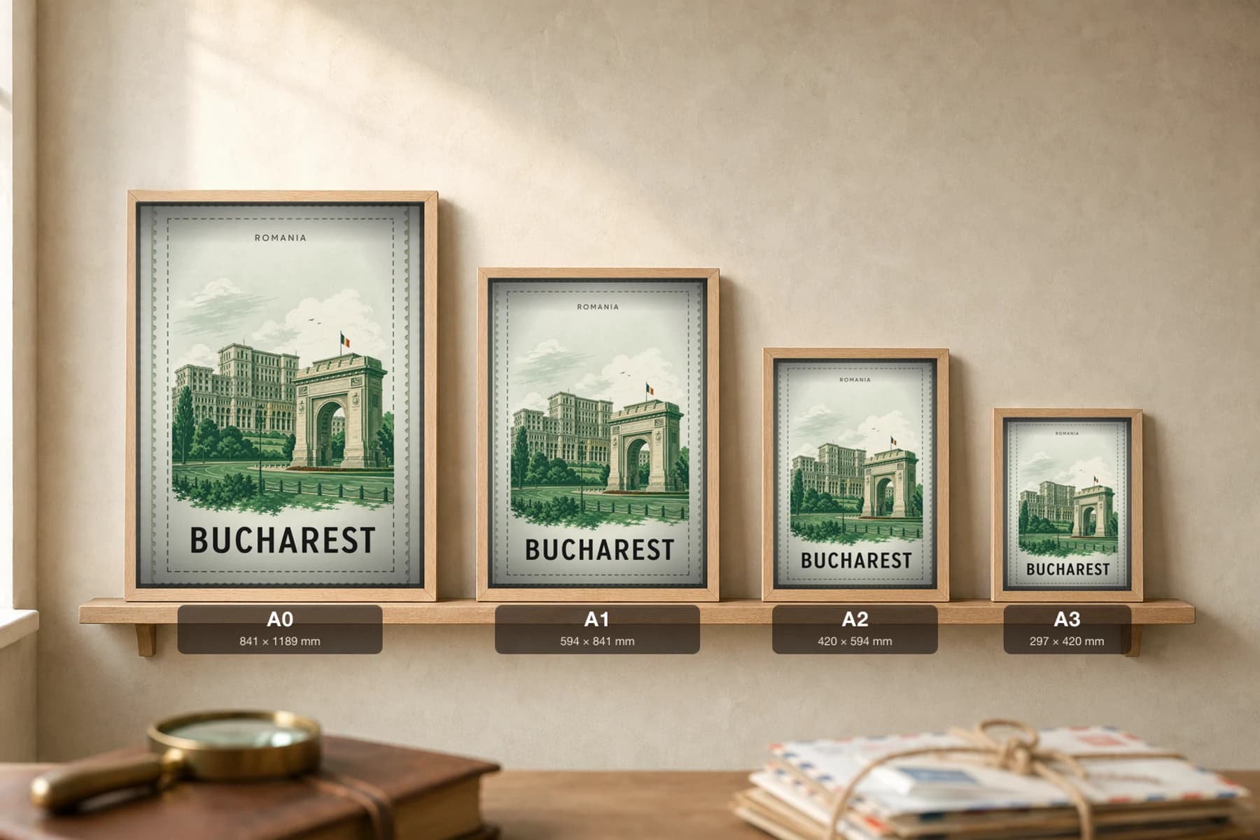 Bucharest City Stamp Poster — Romania travel wall art · illustrated stamp print · framed A2 — print size guide showing the artwork at A0, A1, A2 and A3 in natural-oak frames at true relative scale
