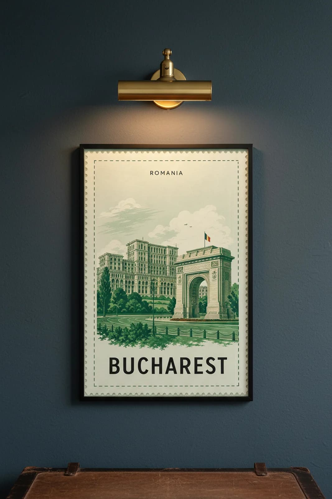 Bucharest city stamp print in black A2 frame on wcs-europe-3052 postage-indigo wall — City Stamps mockup