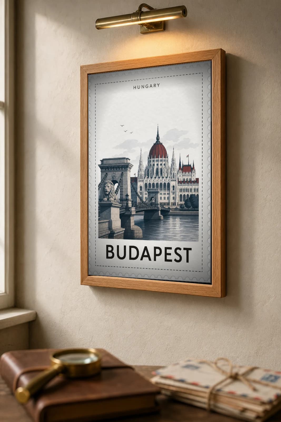 Budapest City Stamp Poster — Hungary travel wall art · illustrated stamp print · framed A2 — the framed print shown at a three-quarter angle on a styled gallery wall in a natural-oak frame