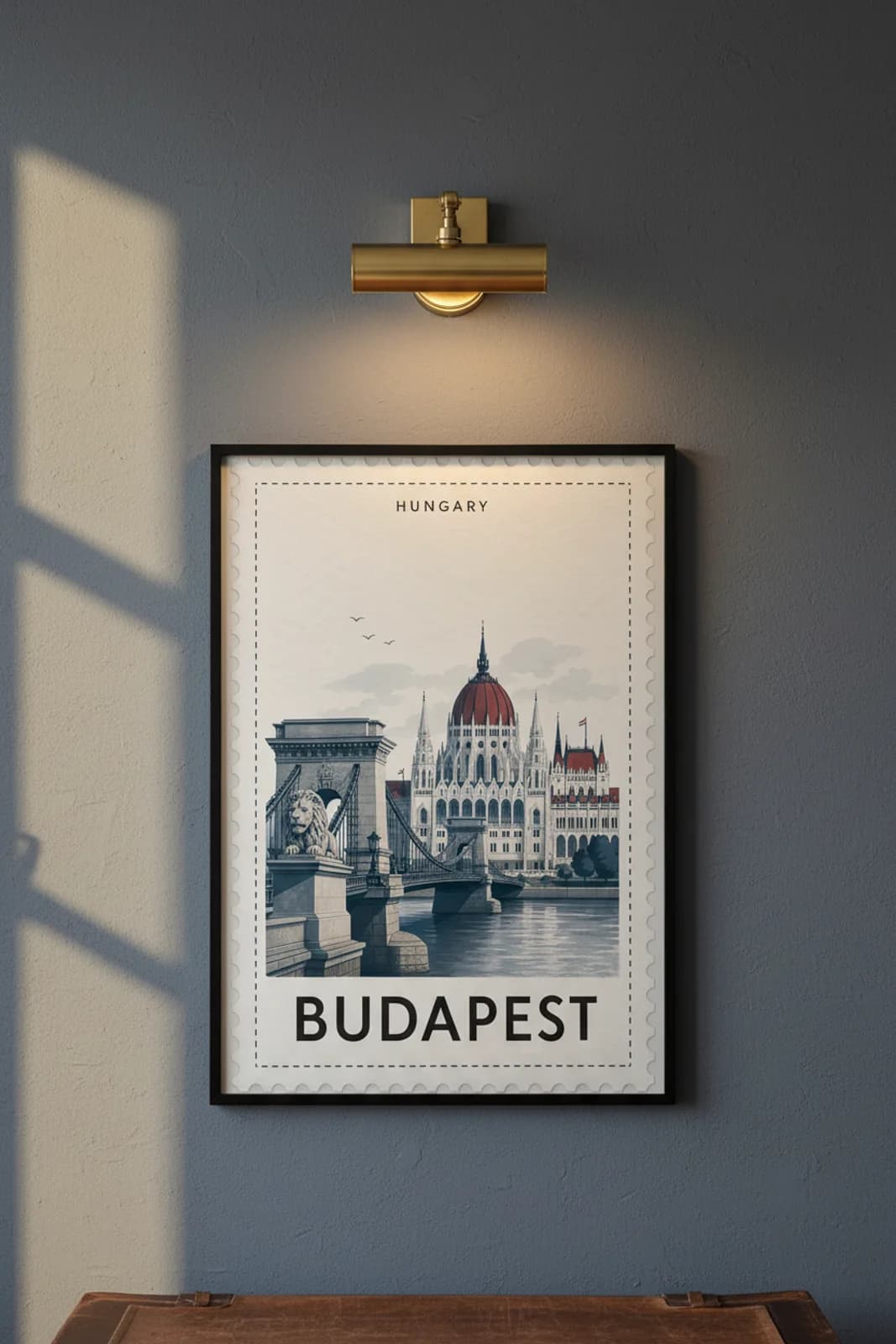 Budapest city stamp print in black A2 frame on wcs-europe-3300 postage-indigo wall — City Stamps mockup