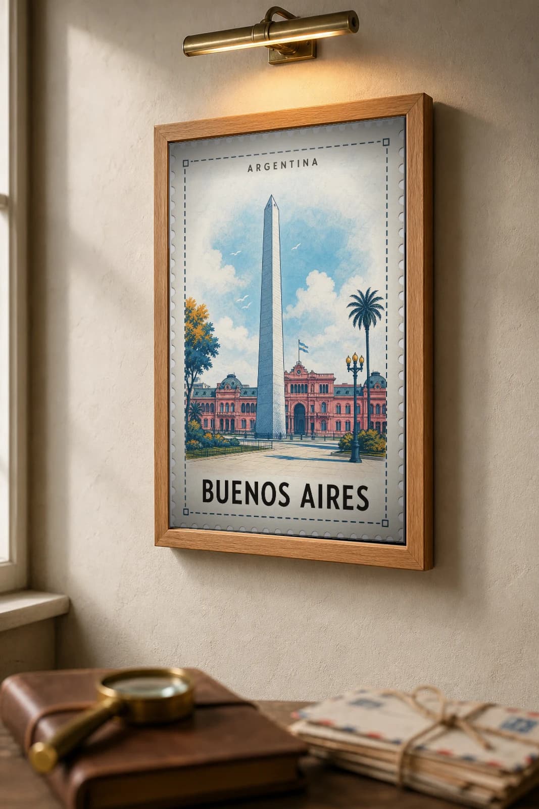 Buenos Aires City Stamp Poster — Argentina travel wall art · illustrated stamp print · framed A2 — the framed print shown at a three-quarter angle on a styled gallery wall in a natural-oak frame