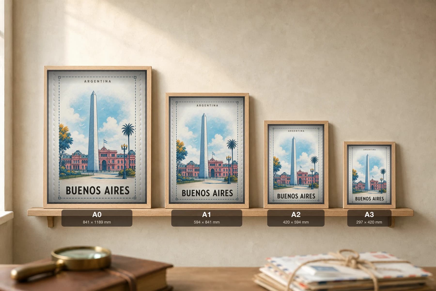 Buenos Aires City Stamp Poster — Argentina travel wall art · illustrated stamp print · framed A2 — print size guide showing the artwork at A0, A1, A2 and A3 in natural-oak frames at true relative scale