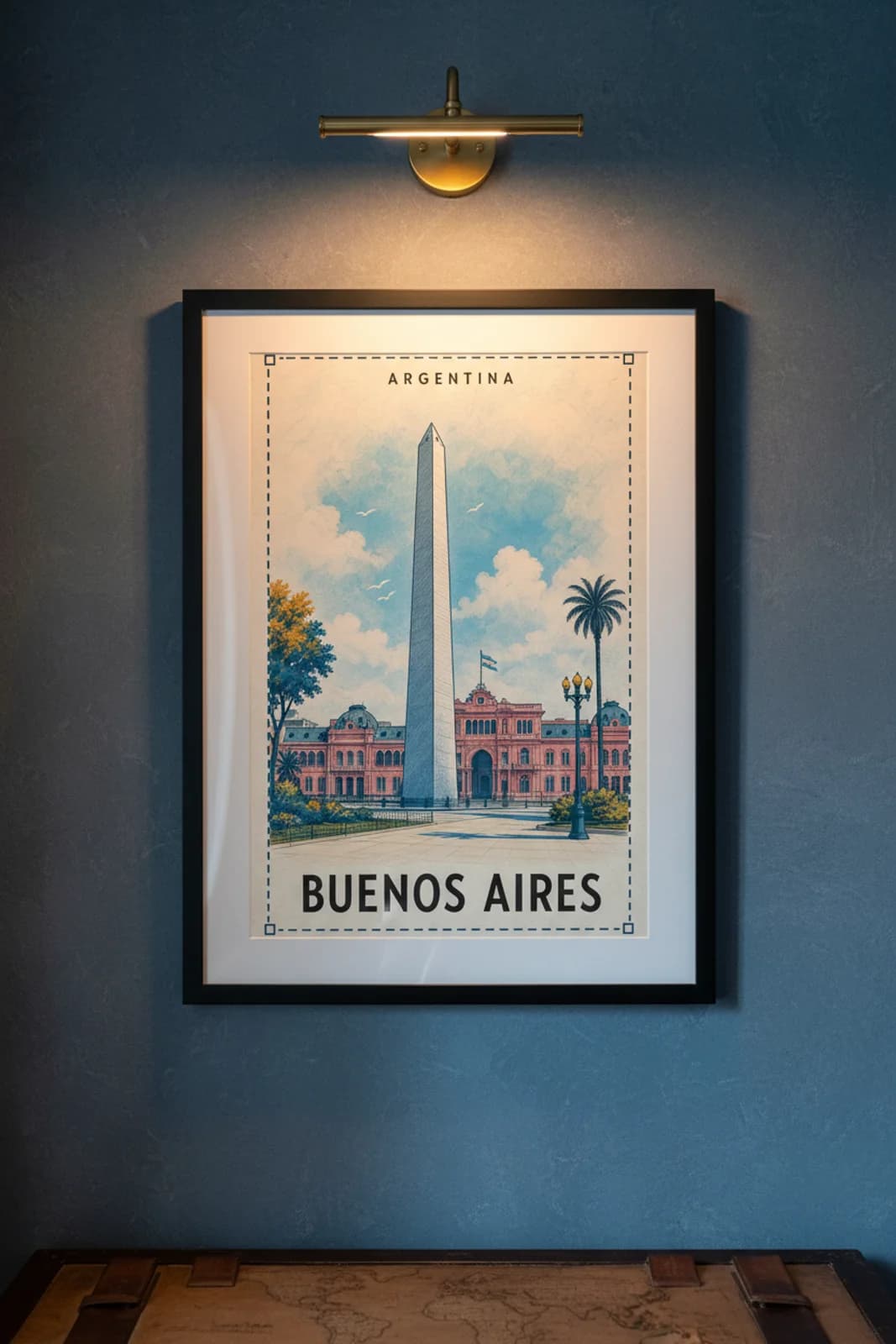 Buenos Aires city stamp print in black A2 frame on wcs-americas-0898 postage-indigo wall — City Stamps mockup