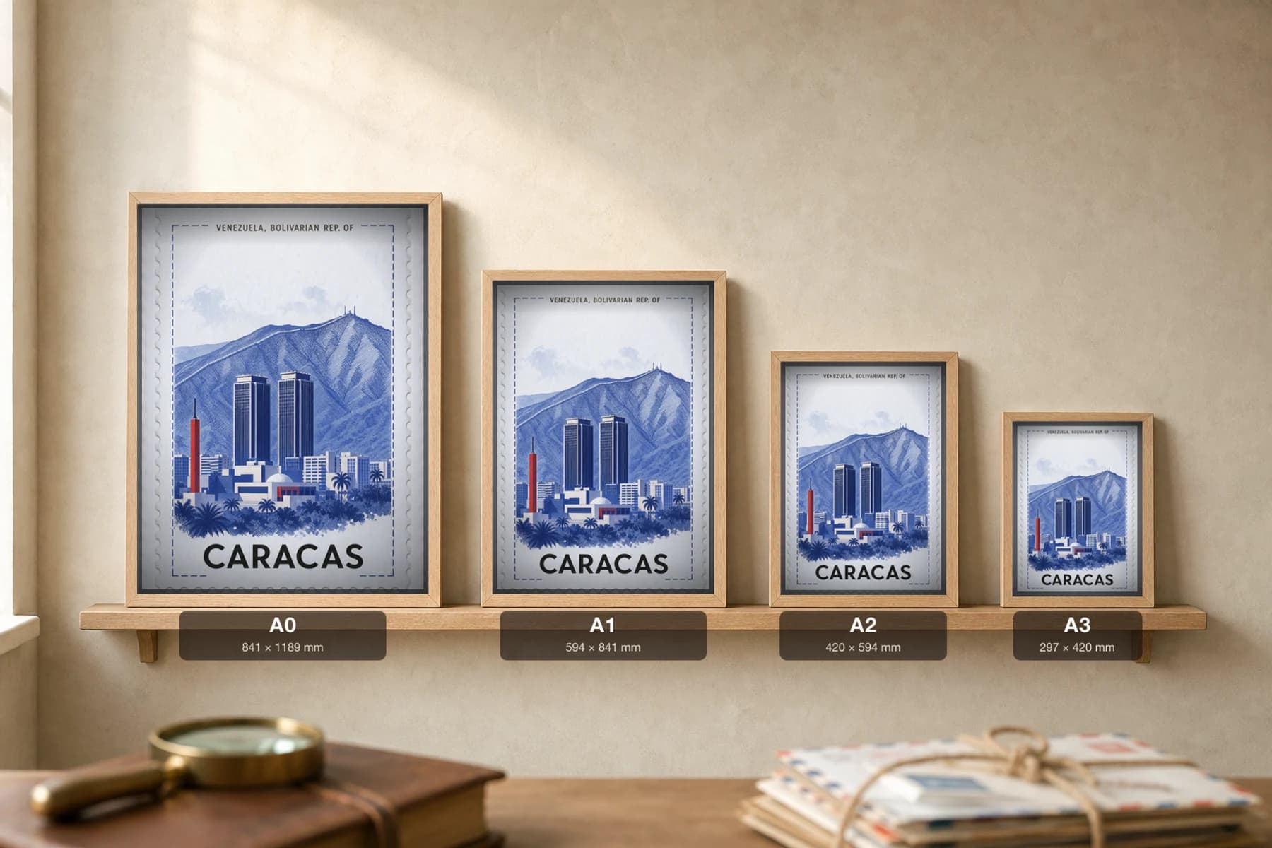 Caracas City Stamp Poster — Venezuela, Bolivarian Rep. of travel wall art · illustrated stamp print · framed A2 — print size guide showing the artwork at A0, A1, A2 and A3 in natural-oak frames at true relative scale