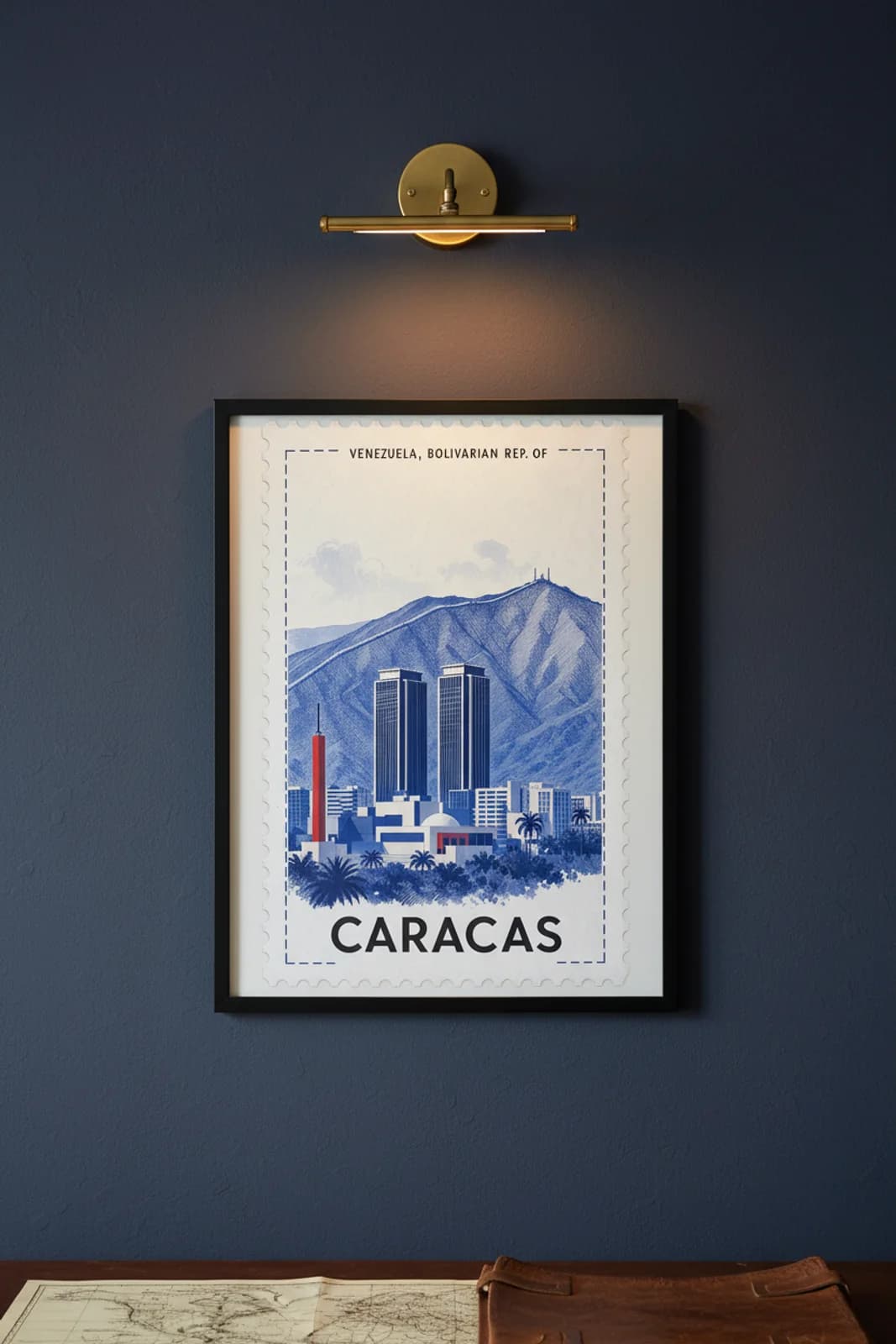 Caracas city stamp print in black A2 frame on wcs-americas-3986 postage-indigo wall — City Stamps mockup