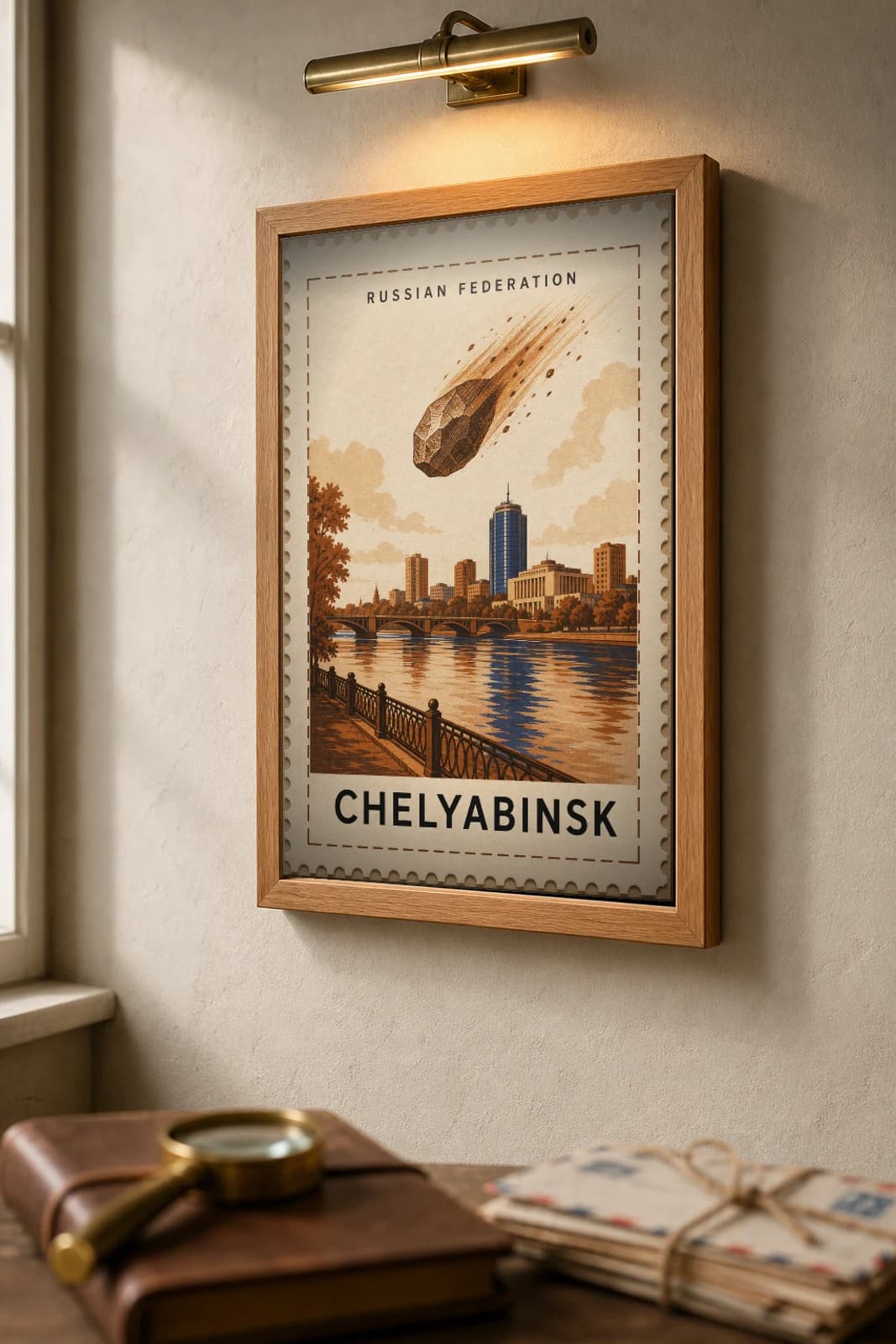 Chelyabinsk City Stamp Poster — Russian Federation travel wall art · illustrated stamp print · framed A2 — the framed print shown at a three-quarter angle on a styled gallery wall in a natural-oak frame