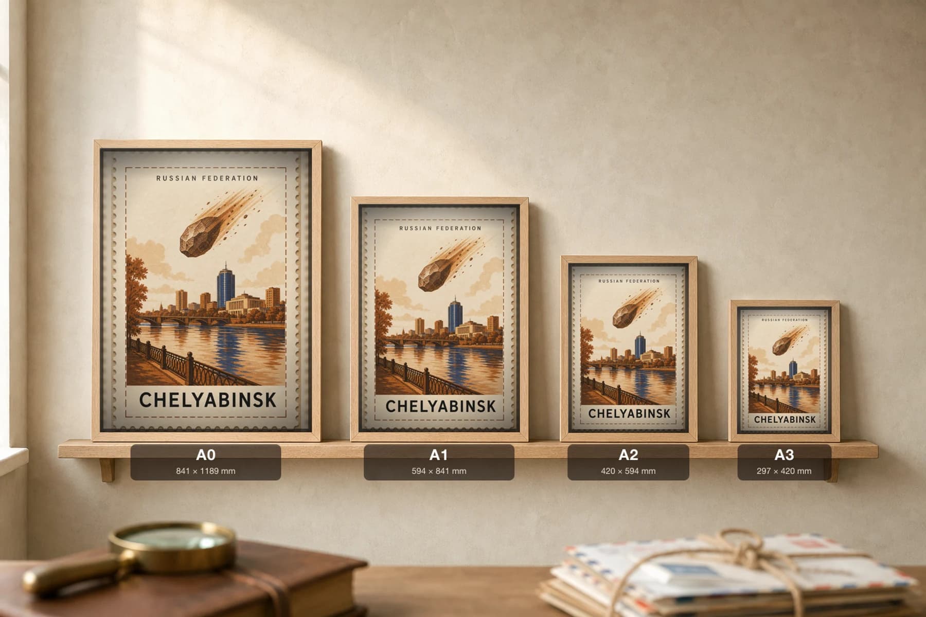 Chelyabinsk City Stamp Poster — Russian Federation travel wall art · illustrated stamp print · framed A2 — print size guide showing the artwork at A0, A1, A2 and A3 in natural-oak frames at true relative scale