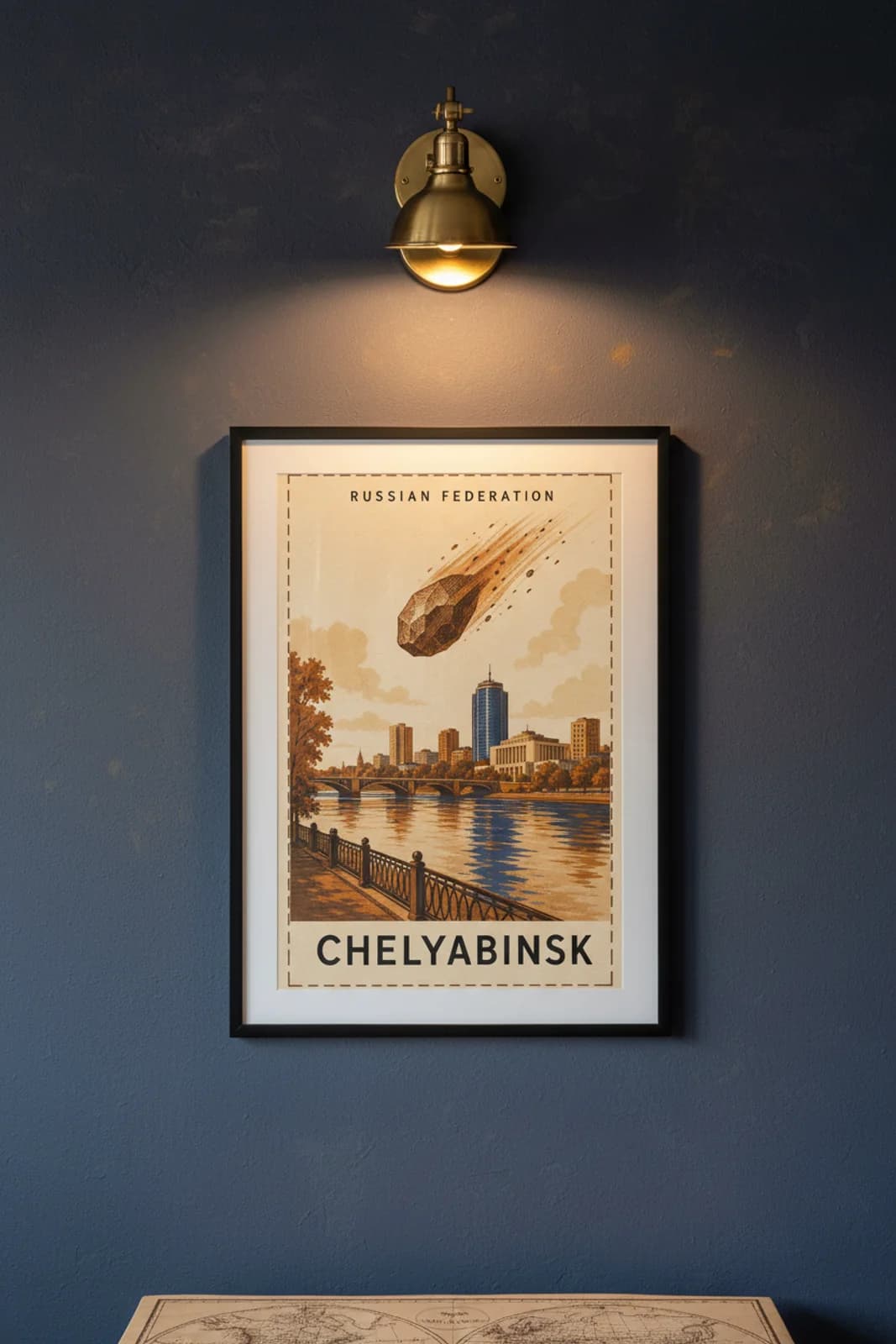 Chelyabinsk city stamp print in black A2 frame on wcs-europe-8295 postage-indigo wall — City Stamps mockup