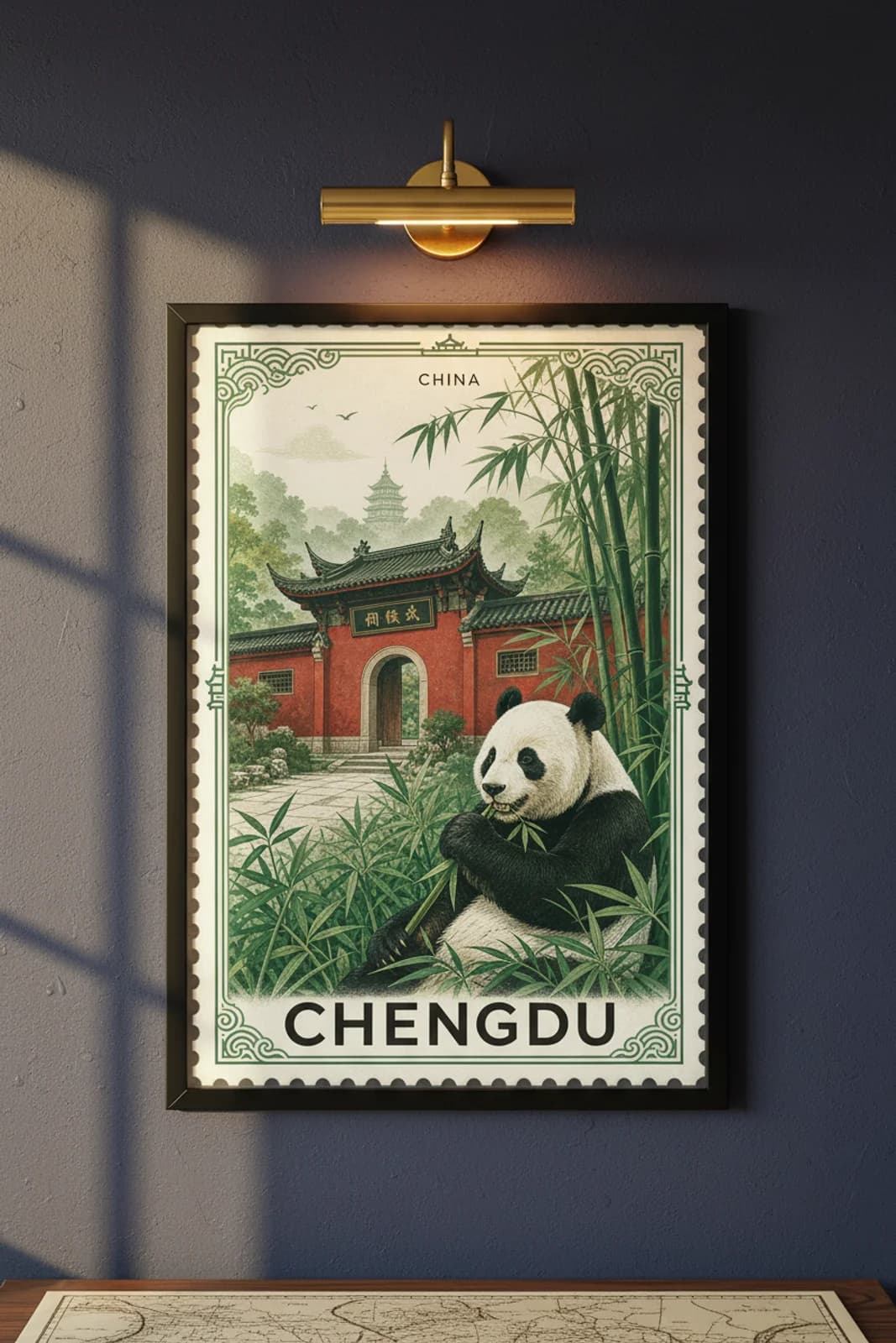 Chengdu city stamp print in black A2 frame on wcs-asia-2827 postage-indigo wall — City Stamps mockup