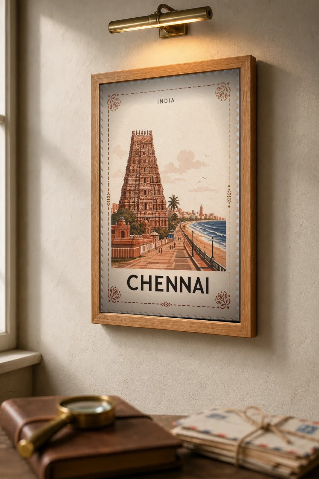 Chennai City Stamp Poster — India travel wall art · illustrated stamp print · framed A2 — the framed print shown at a three-quarter angle on a styled gallery wall in a natural-oak frame