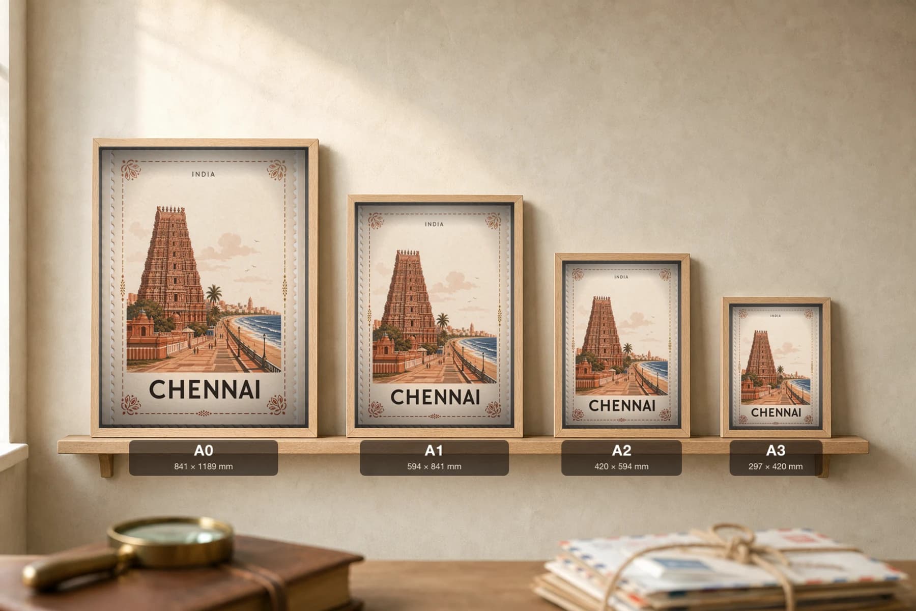 Chennai City Stamp Poster — India travel wall art · illustrated stamp print · framed A2 — print size guide showing the artwork at A0, A1, A2 and A3 in natural-oak frames at true relative scale
