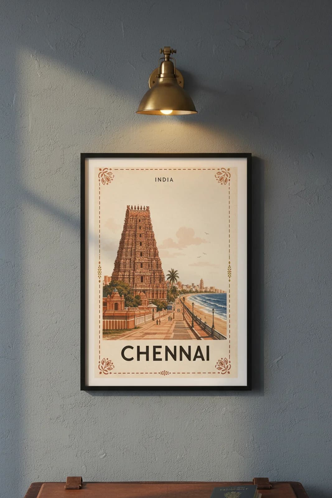 Chennai city stamp print in black A2 frame on wcs-asia-1614 postage-indigo wall — City Stamps mockup