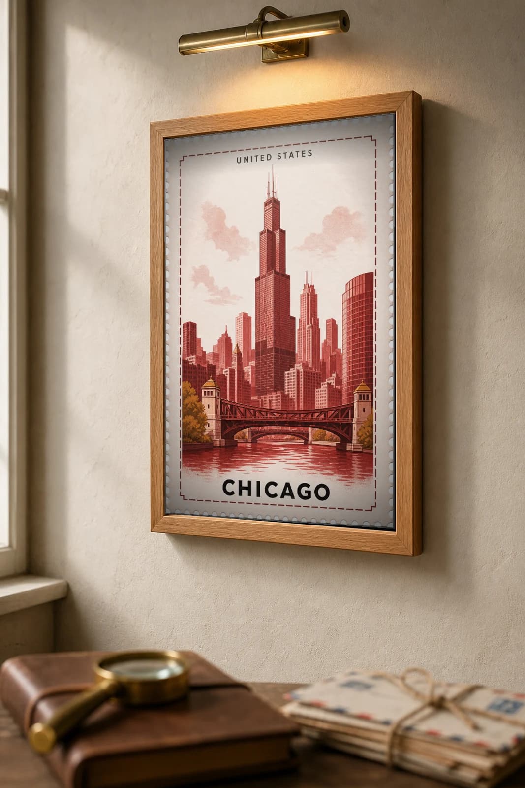 Chicago City Stamp Poster — United States travel wall art · illustrated stamp print · framed A2 — the framed print shown at a three-quarter angle on a styled gallery wall in a natural-oak frame