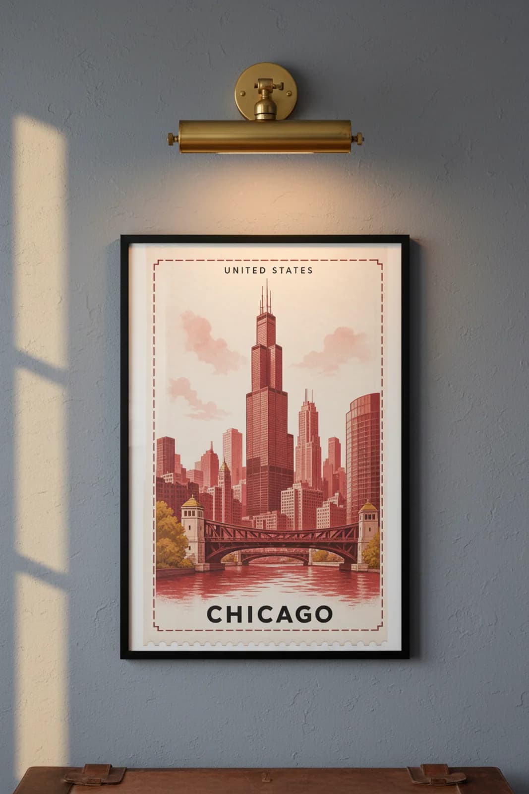 Chicago city stamp print in black A2 frame on wcs-americas-8105 postage-indigo wall — City Stamps mockup