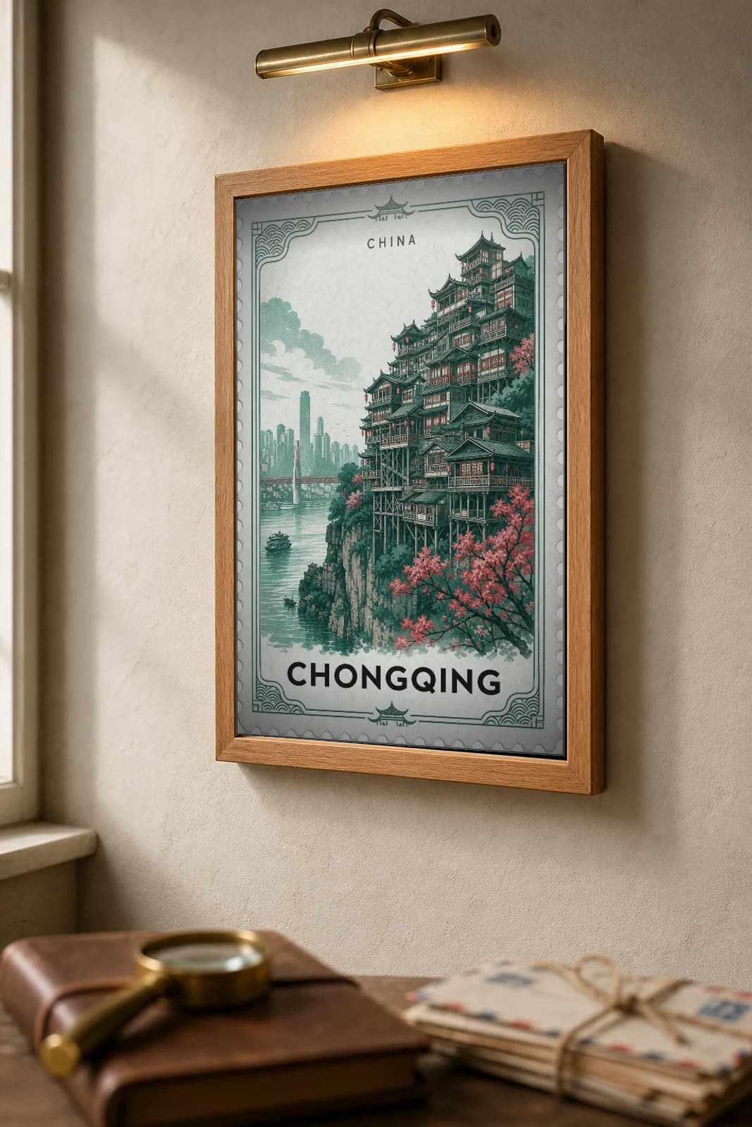 Chongqing City Stamp Poster — China travel wall art · illustrated stamp print · framed A2 — the framed print shown at a three-quarter angle on a styled gallery wall in a natural-oak frame