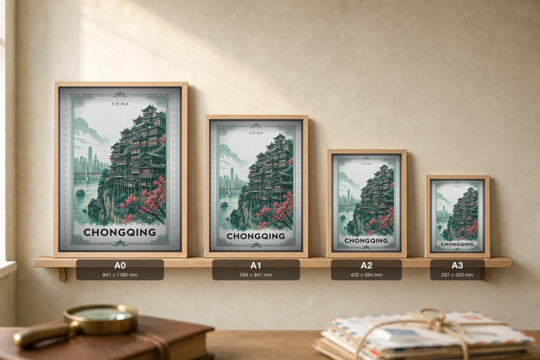 Chongqing City Stamp Poster — China travel wall art · illustrated stamp print · framed A2 — print size guide showing the artwork at A0, A1, A2 and A3 in natural-oak frames at true relative scale
