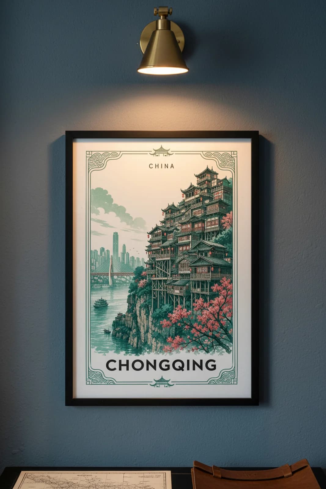 Chongqing city stamp print in black A2 frame on wcs-asia-5310 postage-indigo wall — City Stamps mockup