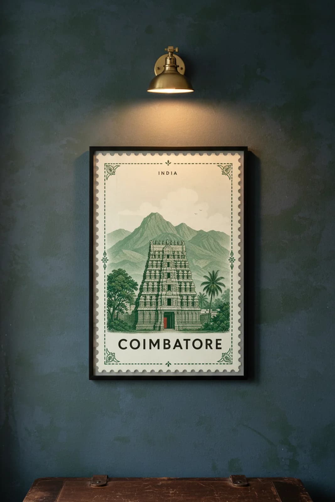 Coimbatore city stamp print in black A2 frame on wcs-asia-3411 postage-indigo wall — City Stamps mockup
