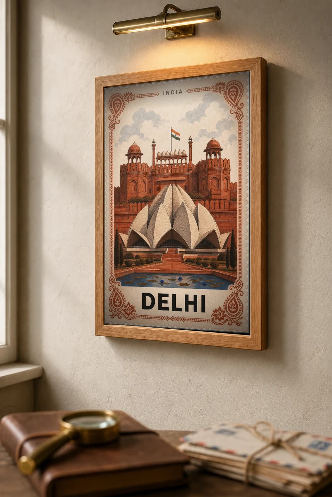 Delhi City Stamp Poster — India travel wall art · illustrated stamp print · framed A2 — the framed print shown at a three-quarter angle on a styled gallery wall in a natural-oak frame