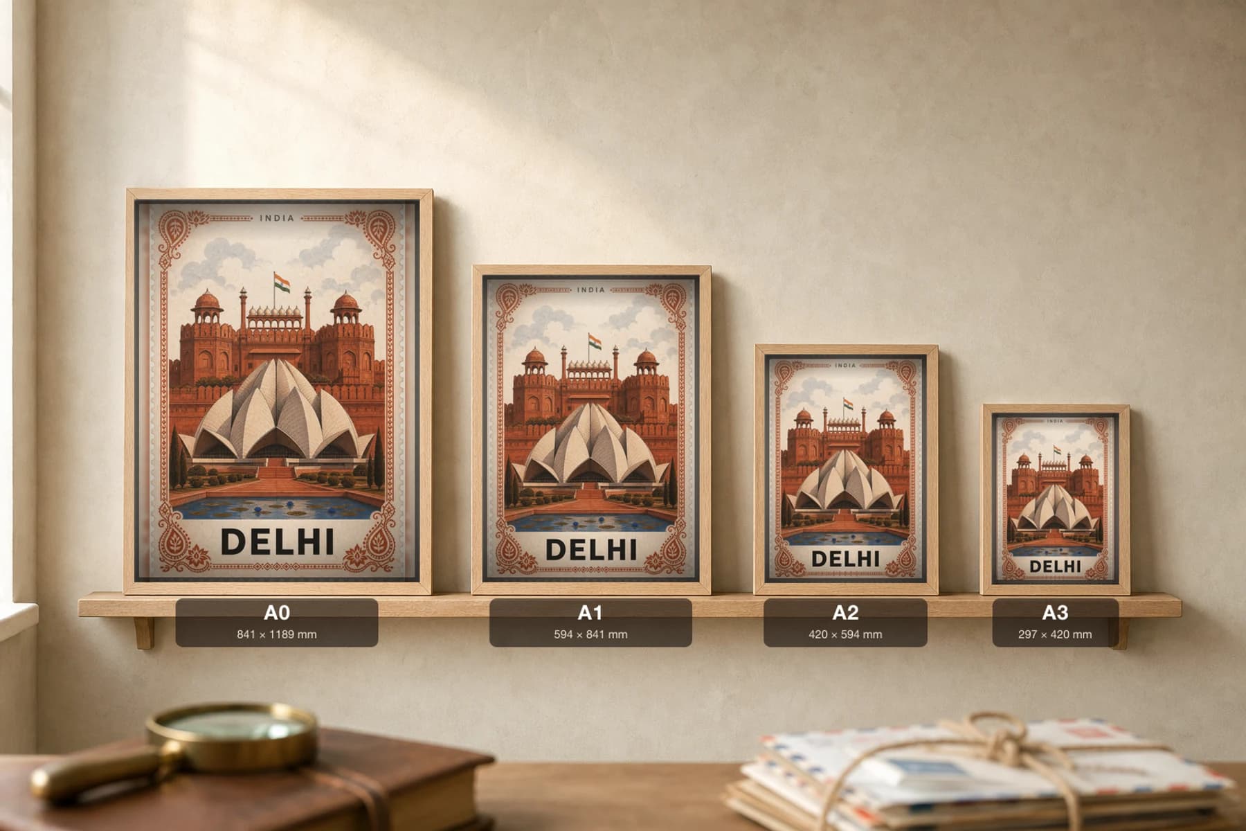 Delhi City Stamp Poster — India travel wall art · illustrated stamp print · framed A2 — print size guide showing the artwork at A0, A1, A2 and A3 in natural-oak frames at true relative scale