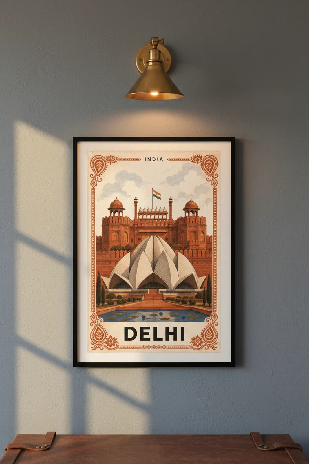 Delhi city stamp print in black A2 frame on wcs-asia-4077 postage-indigo wall — City Stamps mockup
