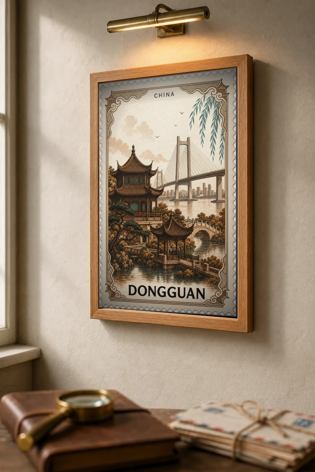Dongguan City Stamp Poster — China travel wall art · illustrated stamp print · framed A2 — the framed print shown at a three-quarter angle on a styled gallery wall in a natural-oak frame