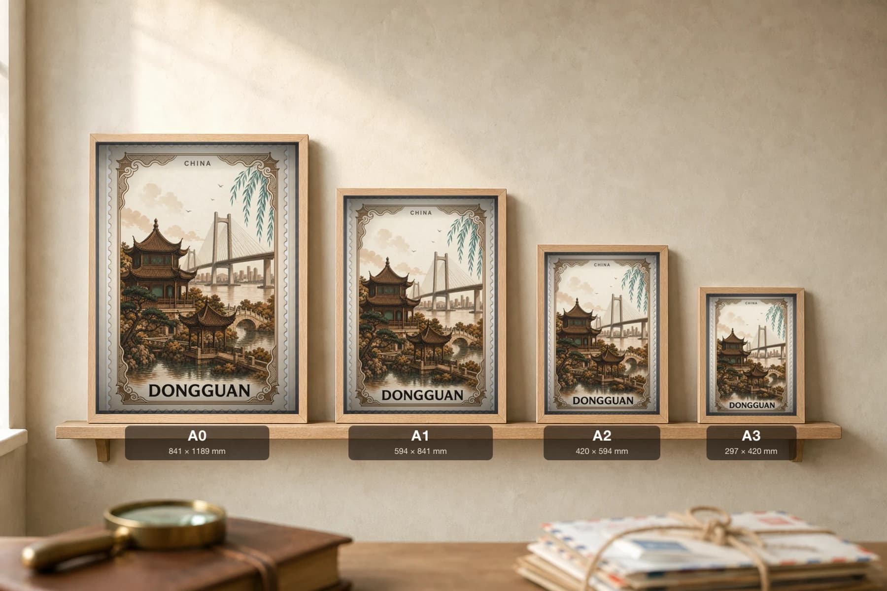Dongguan City Stamp Poster — China travel wall art · illustrated stamp print · framed A2 — print size guide showing the artwork at A0, A1, A2 and A3 in natural-oak frames at true relative scale
