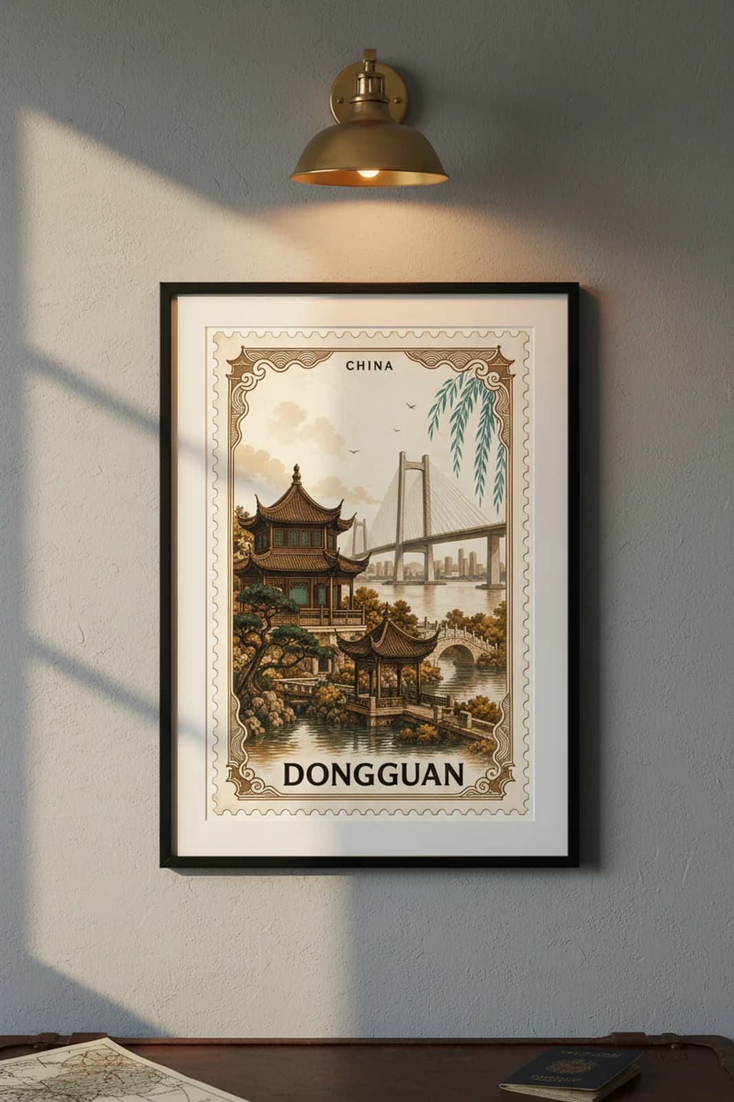 Dongguan city stamp print in black A2 frame on wcs-asia-1711 postage-indigo wall — City Stamps mockup