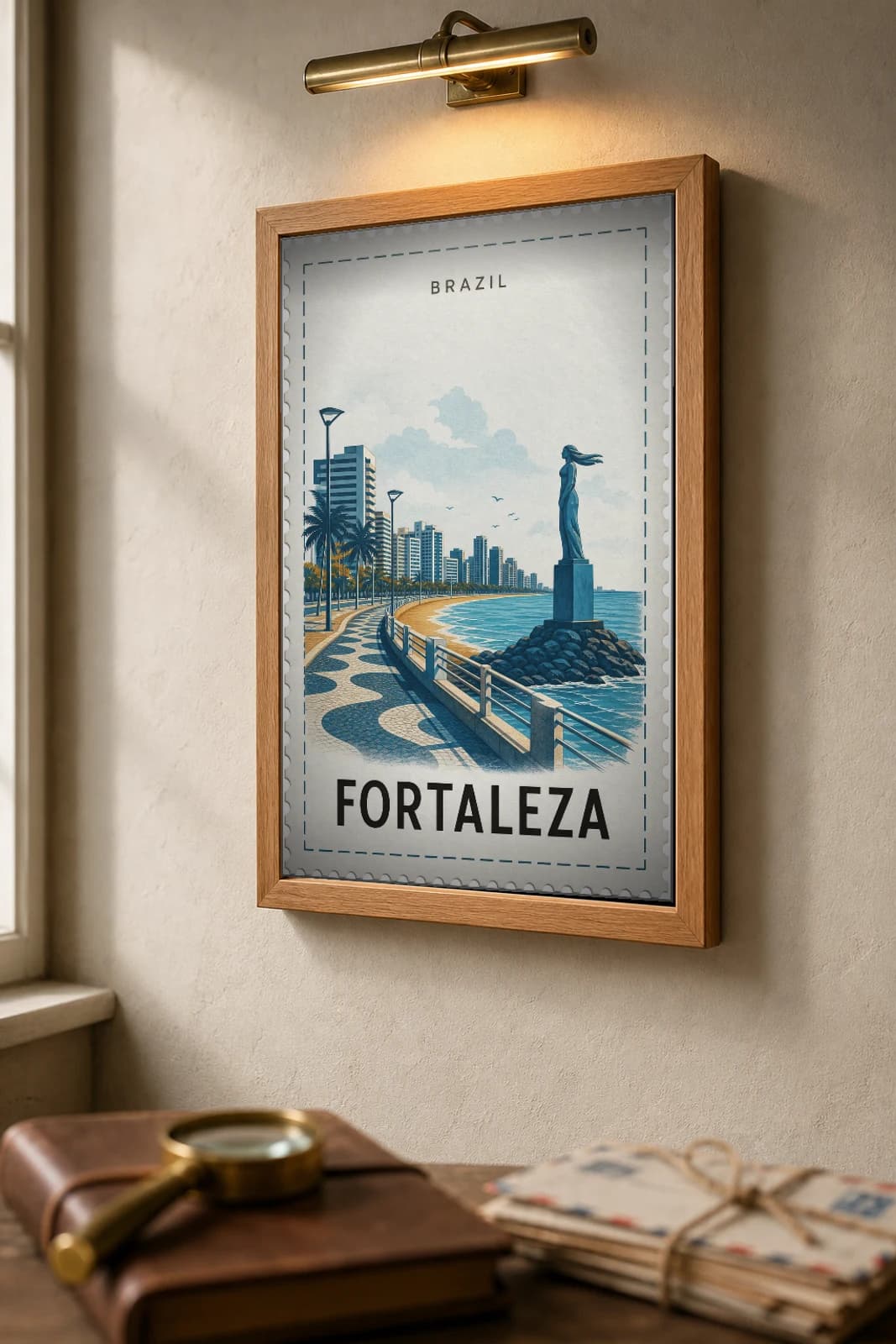 Fortaleza City Stamp Poster — Brazil travel wall art · illustrated stamp print · framed A2 — the framed print shown at a three-quarter angle on a styled gallery wall in a natural-oak frame