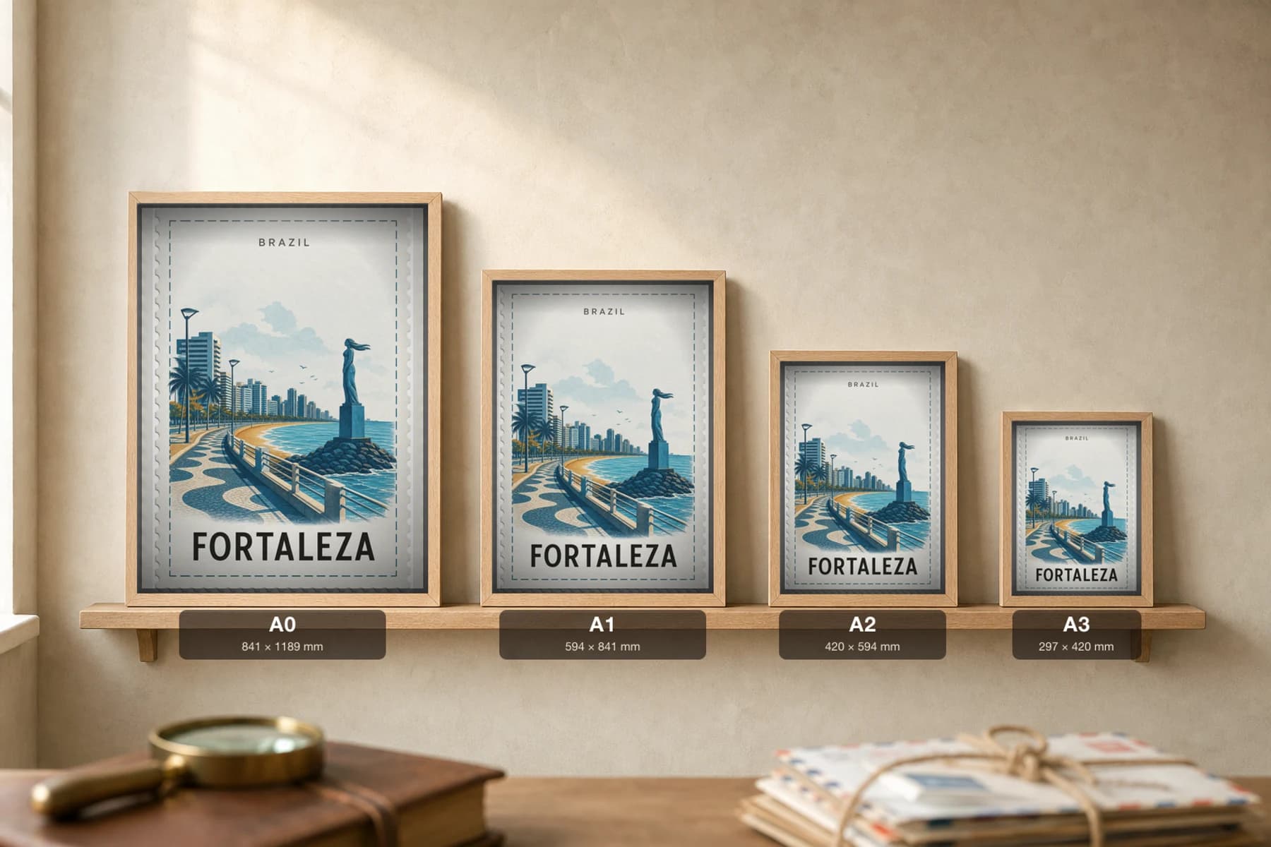 Fortaleza City Stamp Poster — Brazil travel wall art · illustrated stamp print · framed A2 — print size guide showing the artwork at A0, A1, A2 and A3 in natural-oak frames at true relative scale