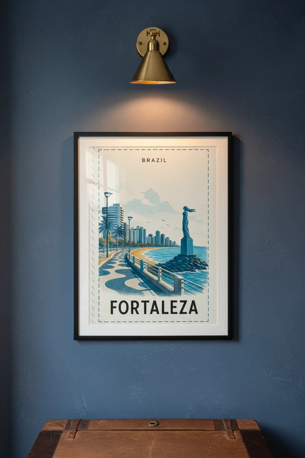 Fortaleza city stamp print in black A2 frame on wcs-americas-0514 postage-indigo wall — City Stamps mockup