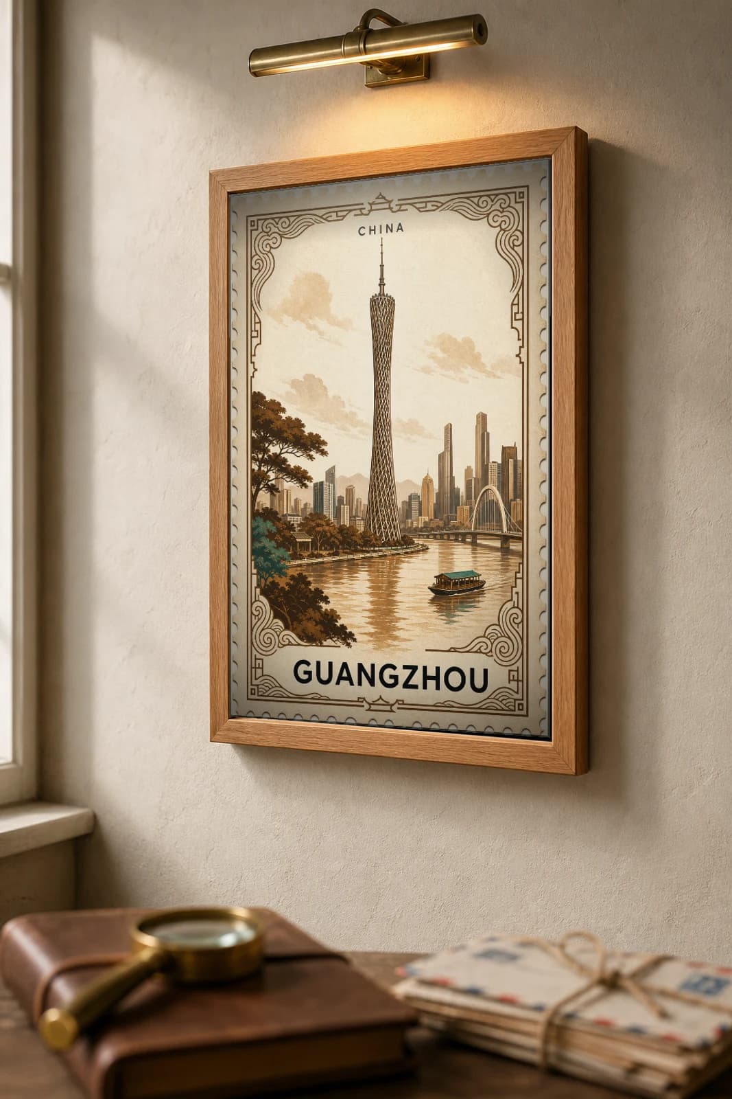 Guangzhou City Stamp Poster — China travel wall art · illustrated stamp print · framed A2 — the framed print shown at a three-quarter angle on a styled gallery wall in a natural-oak frame