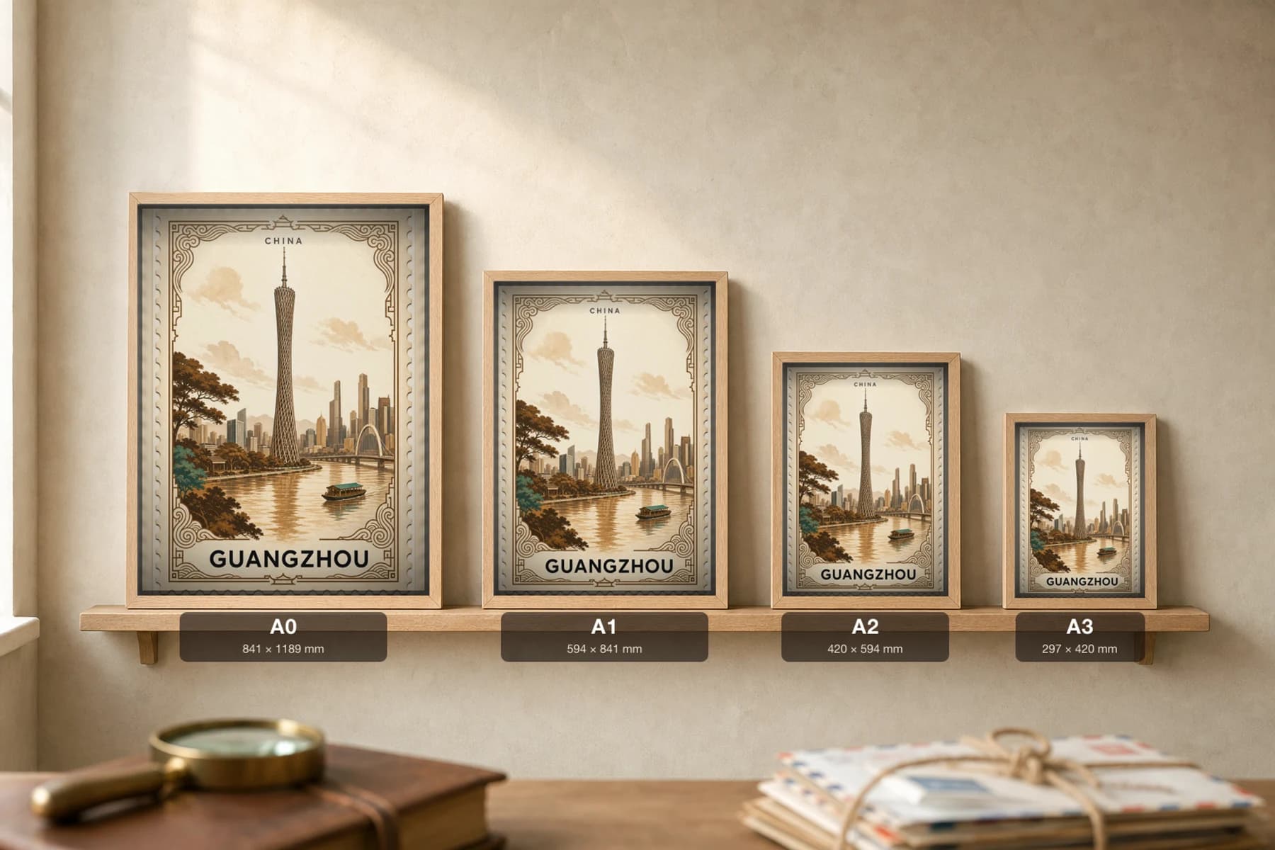 Guangzhou City Stamp Poster — China travel wall art · illustrated stamp print · framed A2 — print size guide showing the artwork at A0, A1, A2 and A3 in natural-oak frames at true relative scale