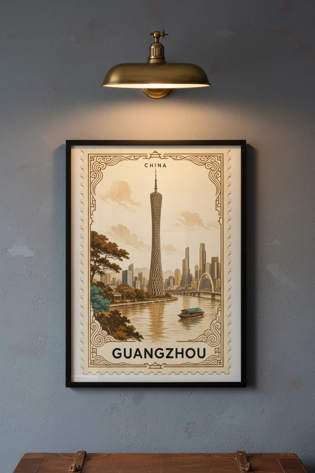 Guangzhou city stamp print in black A2 frame on wcs-asia-0779 postage-indigo wall — City Stamps mockup